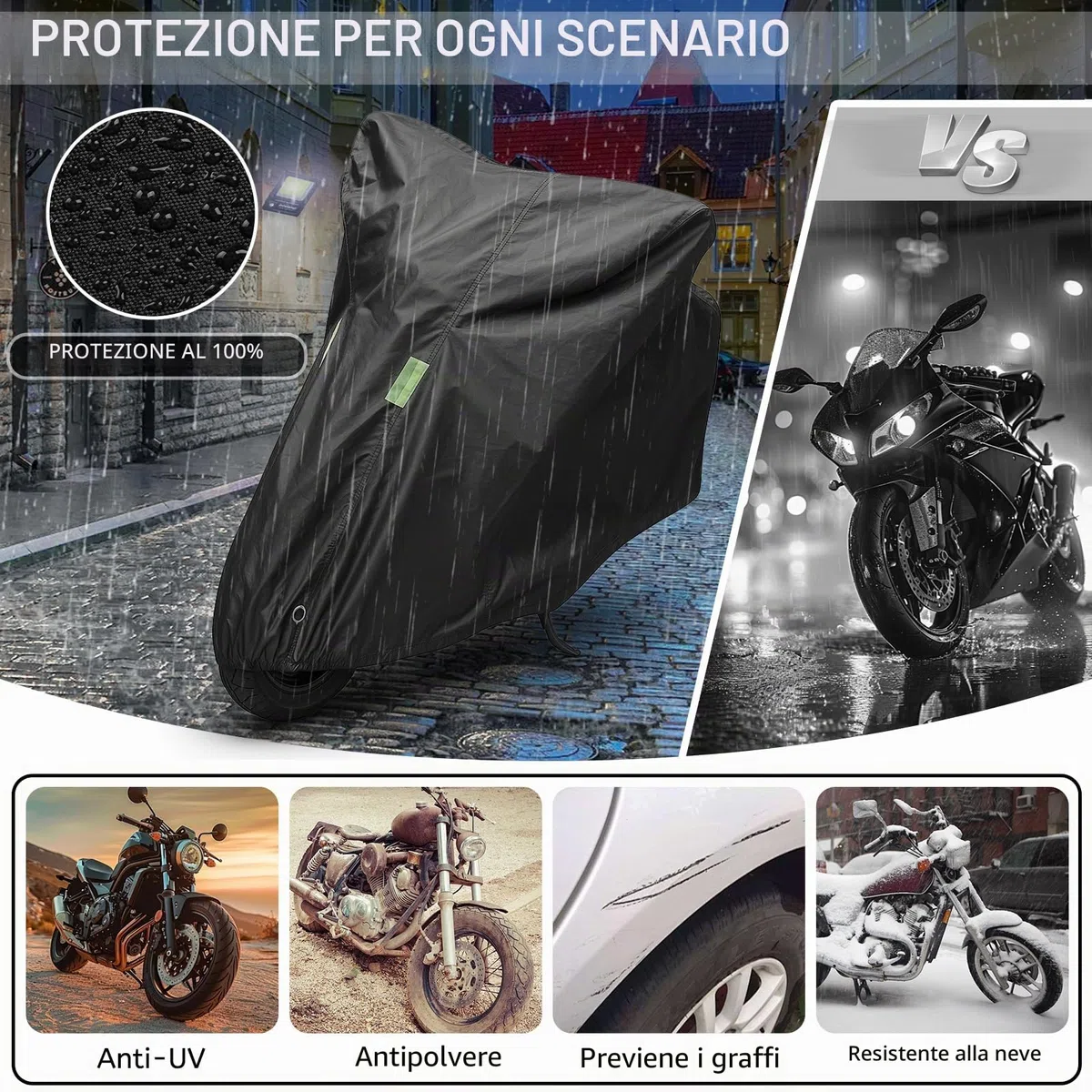 Telo Coprimoto da Esterno, Telo Moto per Esterno Impermeabile, Copri Antigrandine Universale per Scooter Motorino Ciclomotori Motocicletta Stradale Motocross 245 * 105 * 125cm (XXL)