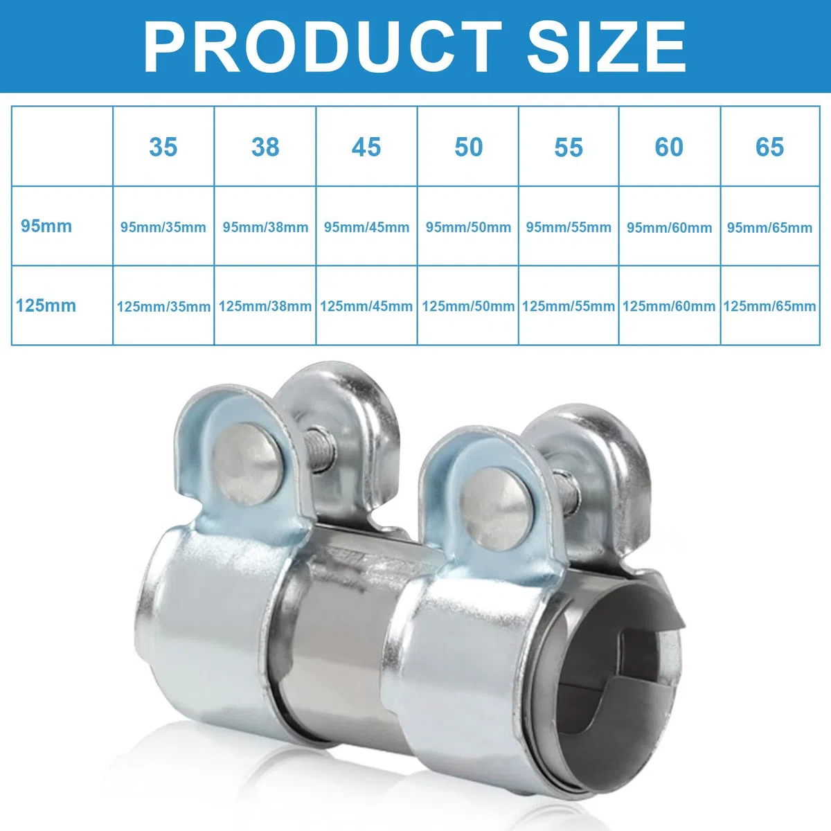 Fascetta di scarico doppia, 50 mm x 125 mm, acciaio inox, universale, per auto