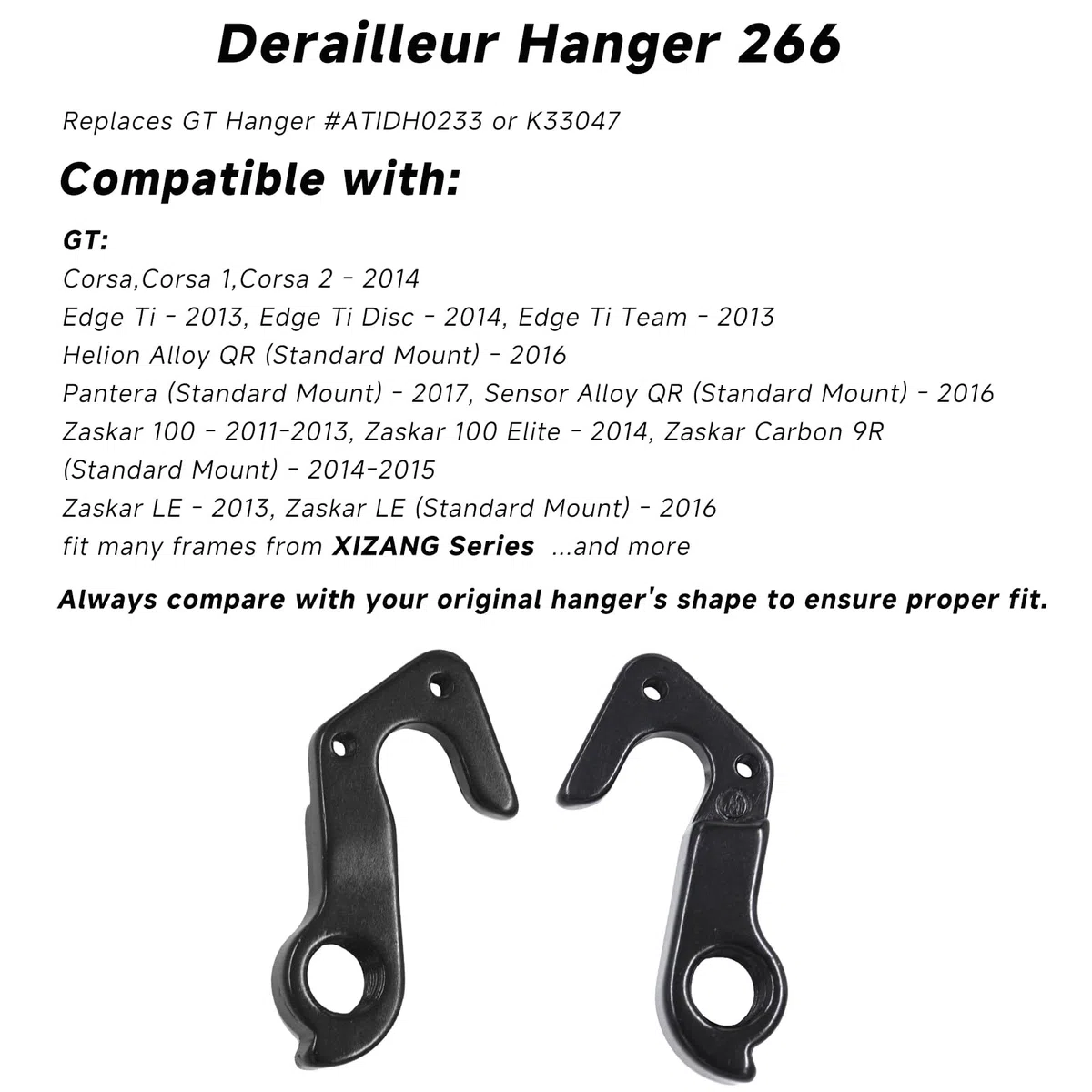 Forcellino cambio 266 compatibile con moto GT – sostituisce GT Part # ATIDH0233 & K33047 – Adatto a Sensor, Zaskar, Helion, Avalanche, Edge, Comp 19 – Lega di alluminio nera – Bulloni