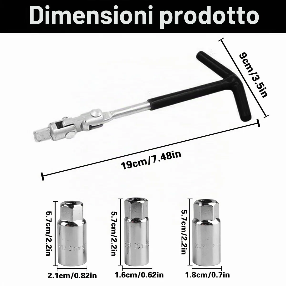 Set di 4 chiavi per candele di accensione, universale, con impugnatura a T, 16 mm, 18 mm, 21 mm, per auto, moto, candele di accensione
