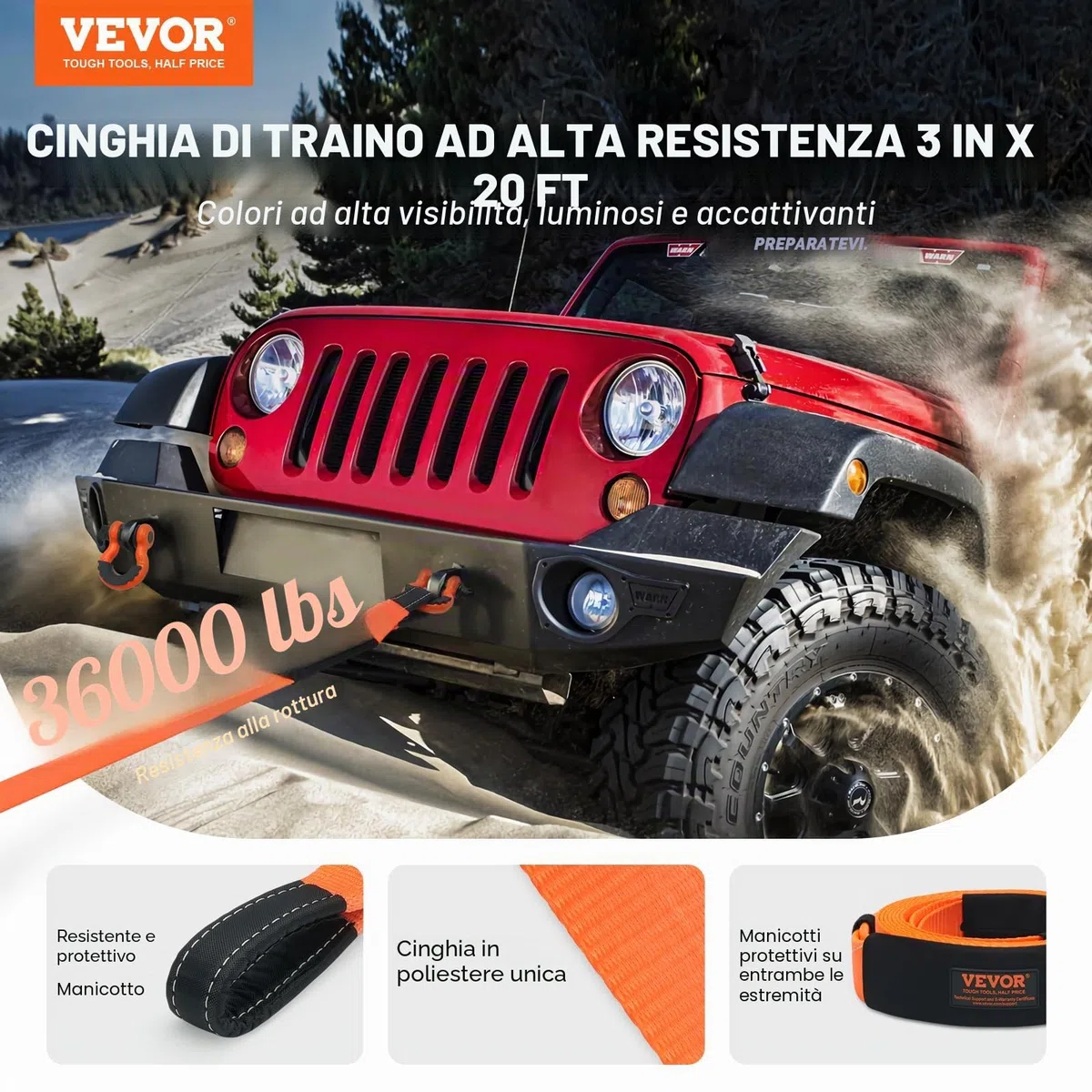 VEVOR Cinghia da Traino Auto Carichi Pesanti, Corda Verricello 76,2 mm x 6.1 m, Resistenza 16329 kg