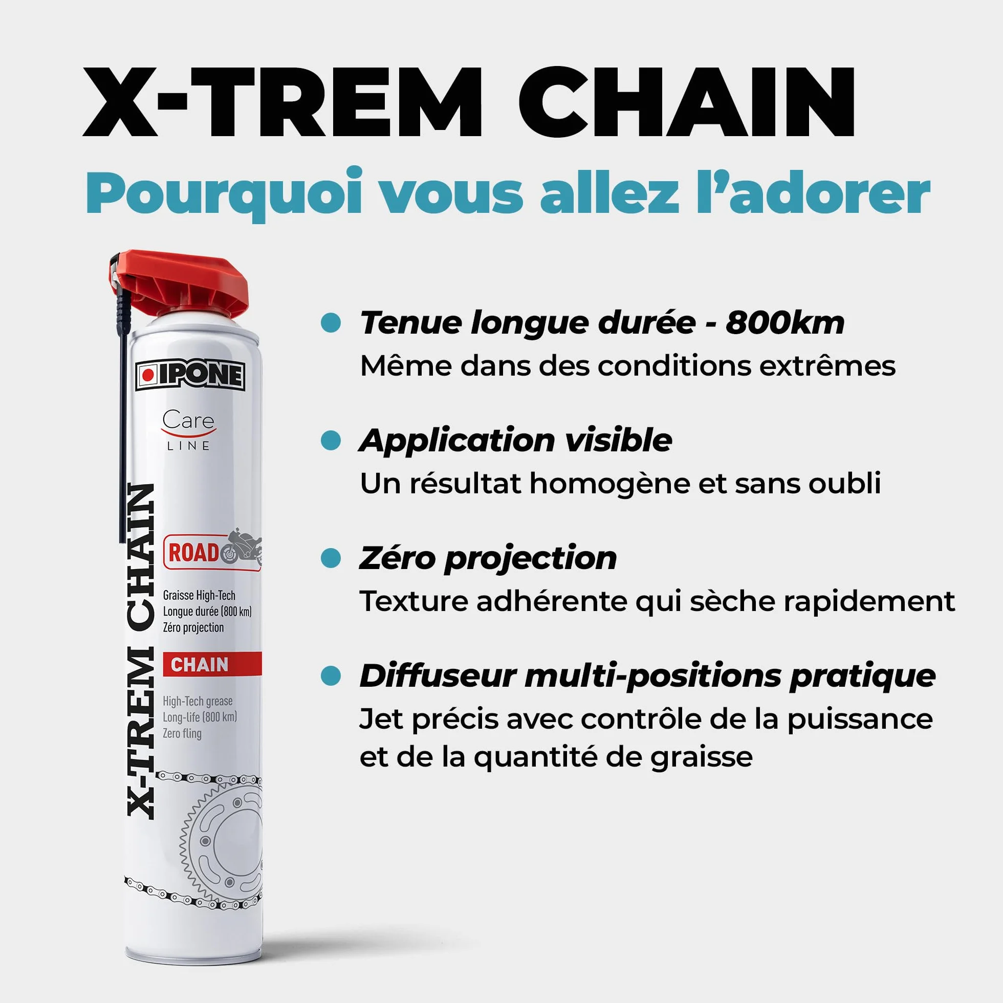 IPONE - Grasso per Catene Moto su Strada X-trem - Bottiglia Spray con Diffusore Multiposizione da 500 ml - 800 km di Durata - Getto preciso, Senza Schizzi