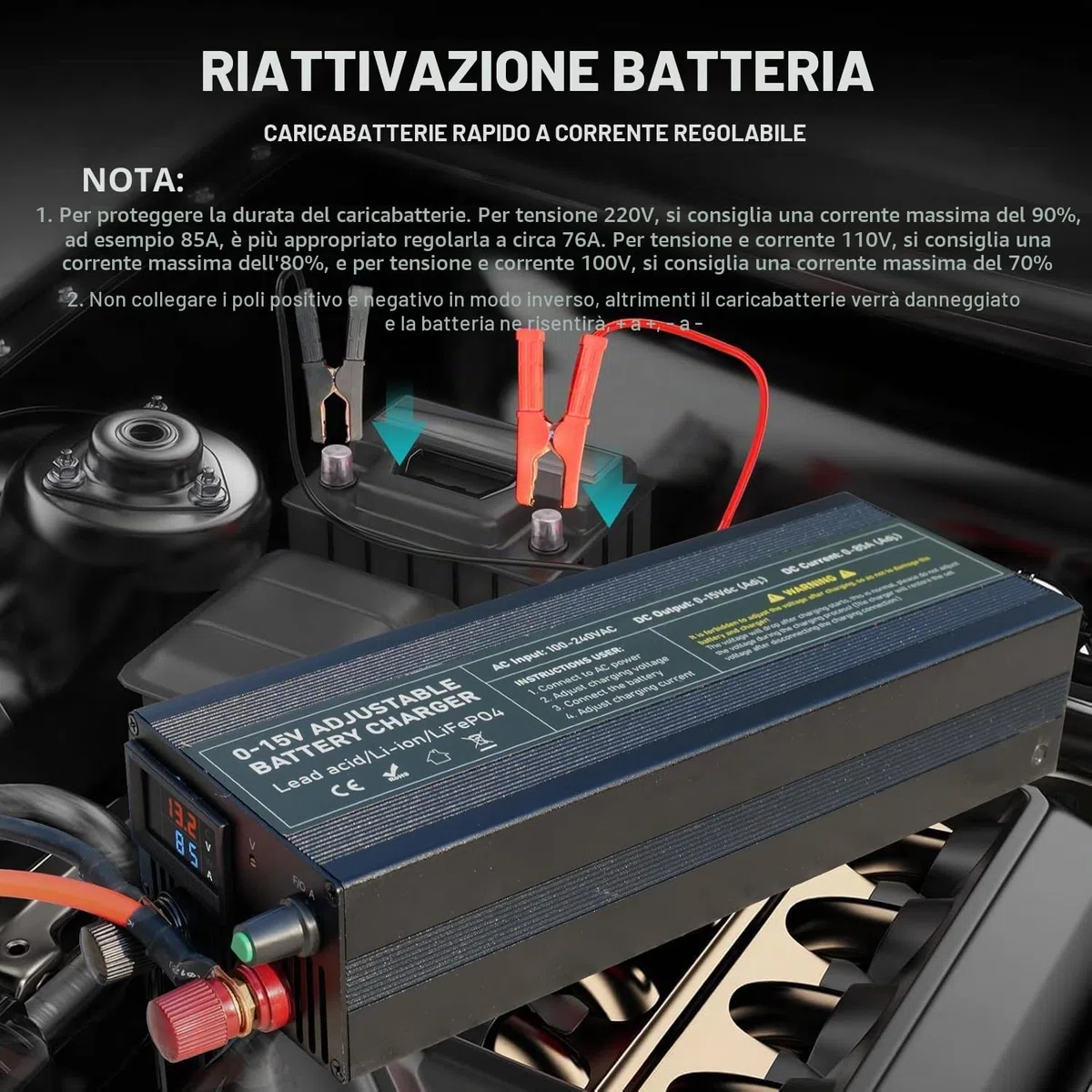 Caricabatterie LiFePO4 14.6V 100A con Cavo Sostituibile, Caricabatterie Litio 0-15V/0-100A con Regolazione di Precisione della Tensione a Multigiri Per Auto, Camion, Moto, Tosaerba, Barca
