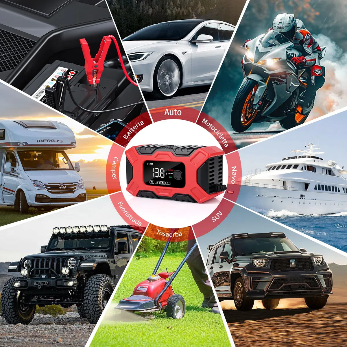 Carica Batteria per Auto, Caricabatterie Auto 12V 6A, Automatico Caricabatterie per Moto con Schermo LCD, Carica Batteria Portatile con Multi Protezioni e Manutenzione per Auto Moto Camion AGM Gel