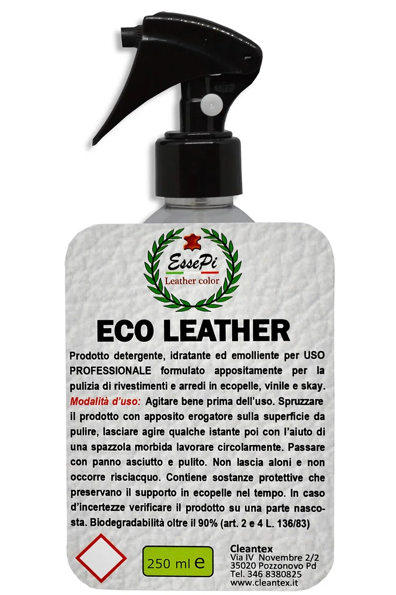 Eco Leather detergente per Articoli in Ecopelle, Similpelle, Vinile e Skai. Pulisce, nutre e Protegge. Prodotto di Alta qualità. Base acquosa No Toxic. 250 ml