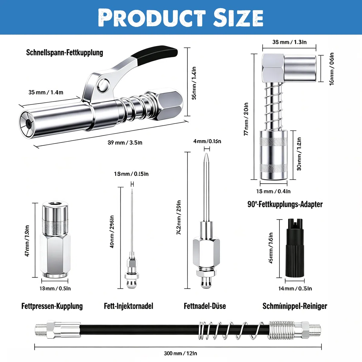 Set di bocchini per grasso, 8 pezzi, con attacco rapido, adattatore per pressa grasso, adattatore per frizione a 90 gradi, tubo per pistola grassa da 30 cm, compatibile con tutte le presse per