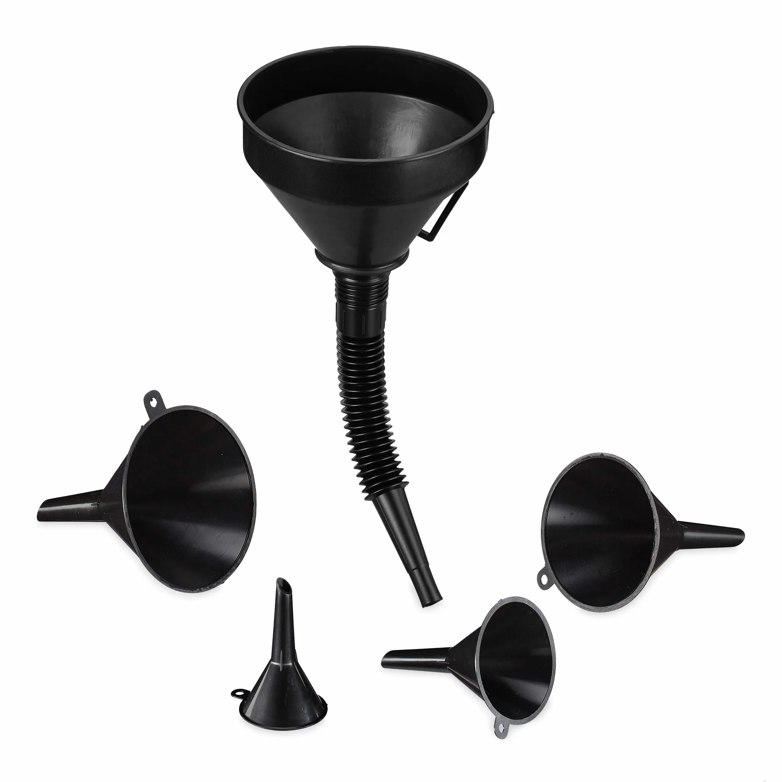 Relaxdays Imbuto per Benzina, Set da 5 in Varie Misure, Attrezzo Universale per Auto & Cucina, con Tubo Flessibile, Nero
