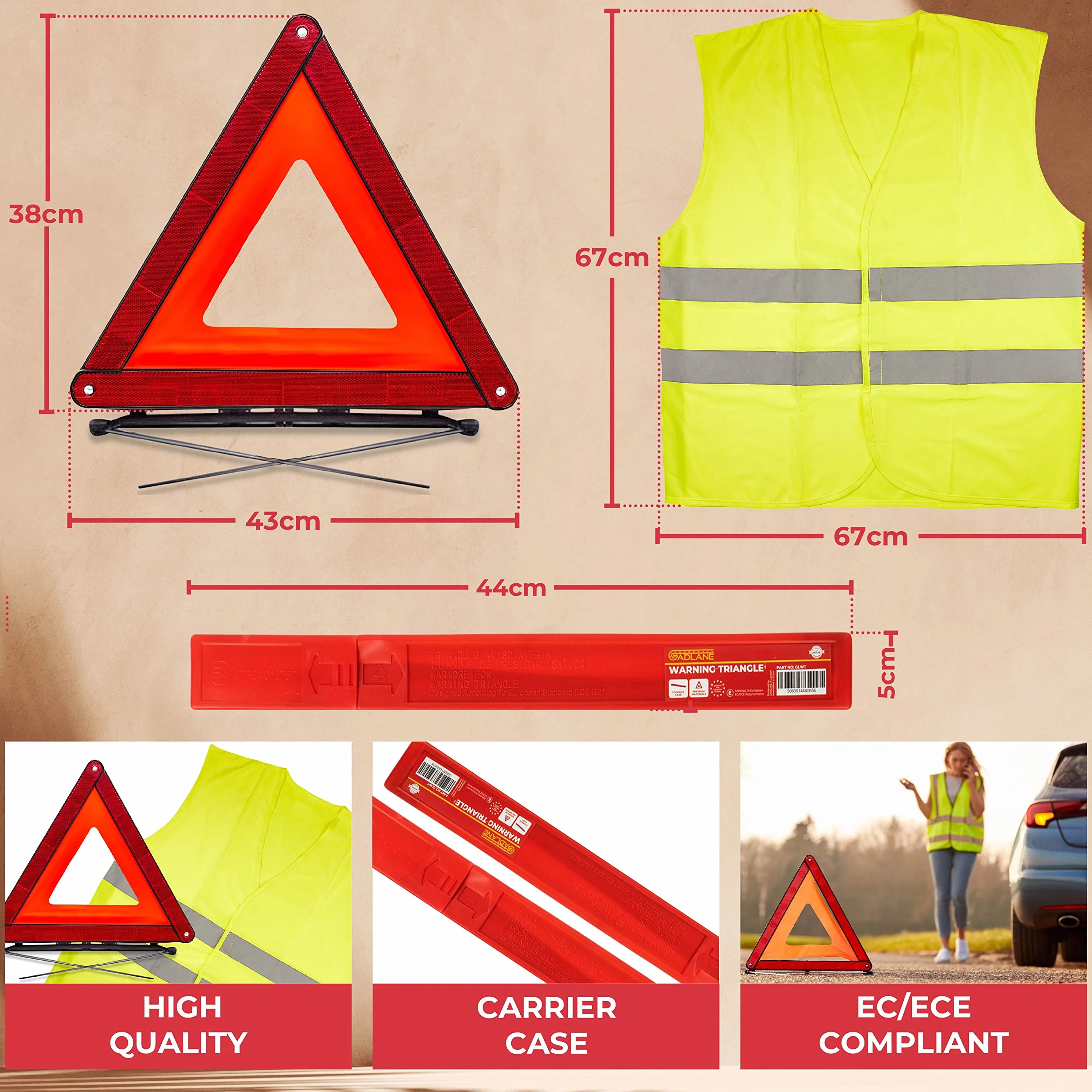 GADLANE Triangolo Auto Omologato ECE & Gilet Catarifrangente Riflessivo Pieghevole con Custodia Sicurezza Stradale Avvertimento
