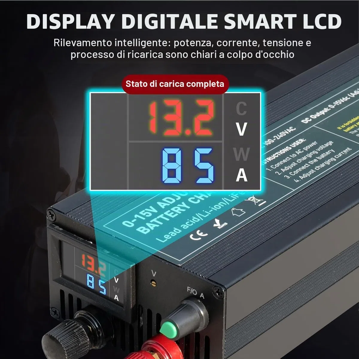 Caricabatterie LiFePO4 14.6V 100A con Cavo Sostituibile, Caricabatterie Litio 0-15V/0-100A con Regolazione di Precisione della Tensione a Multigiri Per Auto, Camion, Moto, Tosaerba, Barca