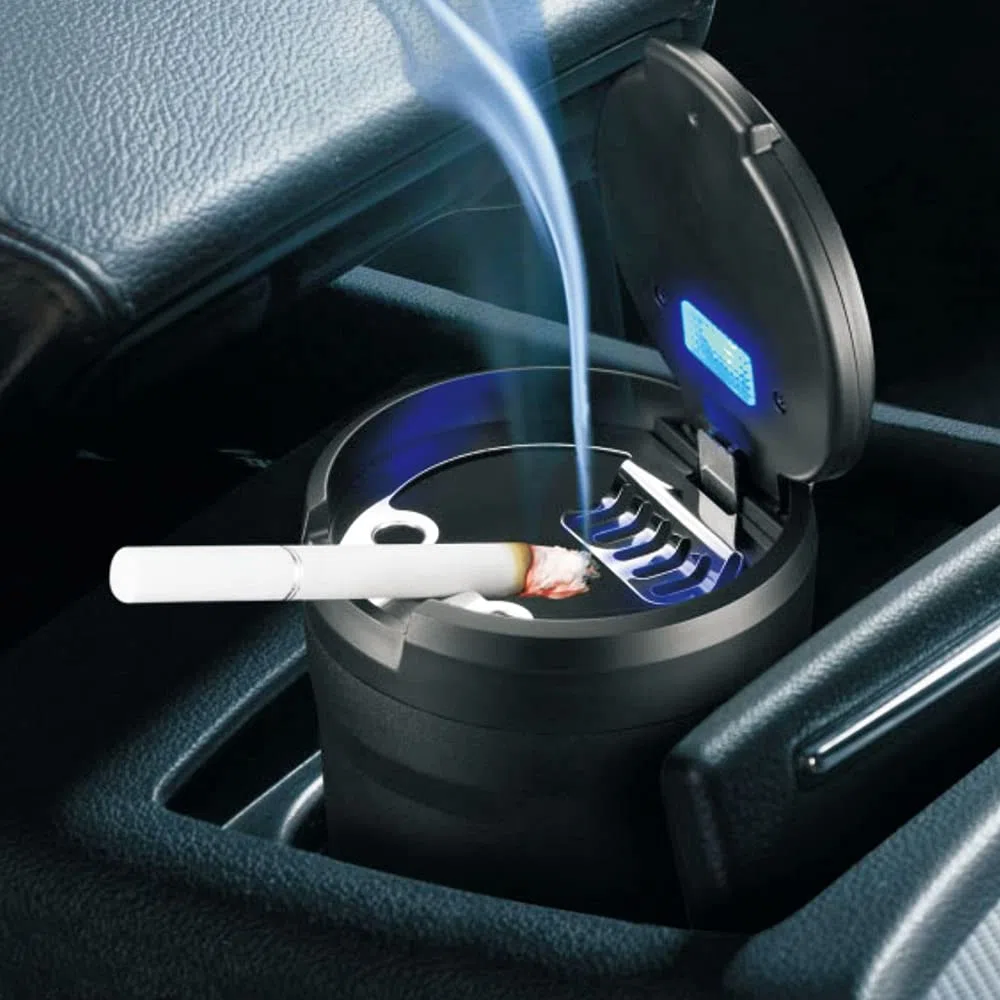 Posacenere auto, Posacenere per auto rimovibile facile da pulire con luce a LED con coperchio a scatto, portacenere autoestinguente per auto da campeggio allaperto(Nero)