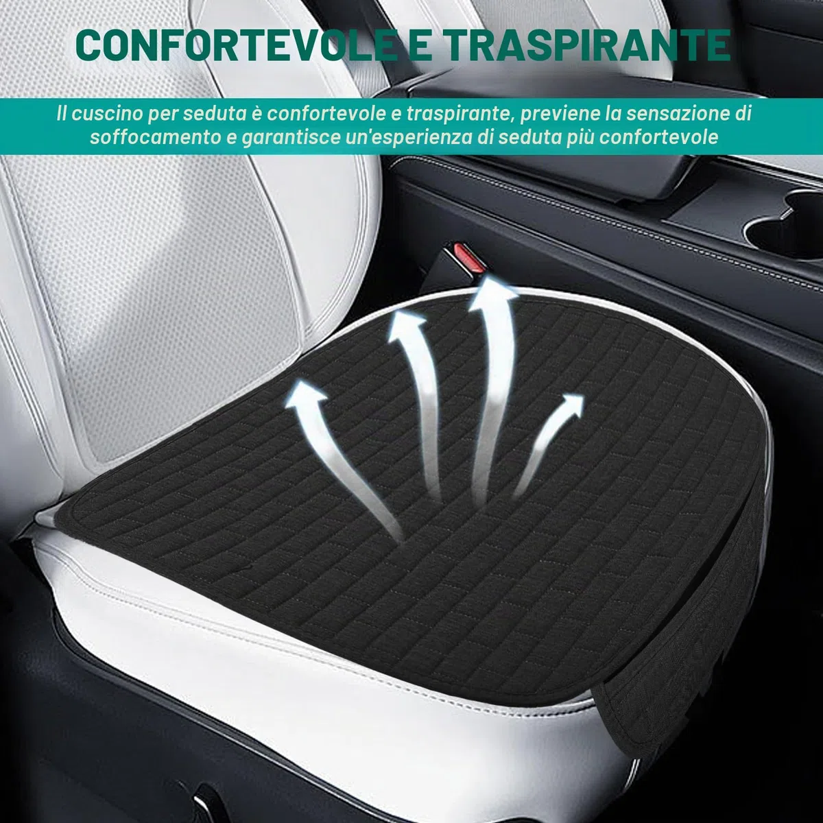 Cuscino universale per sedile auto, 60 x 49 cm, antiscivolo, traspirante, morbido e confortevole, per auto, SUV, furgoni, camion, accessori per auto (nero)