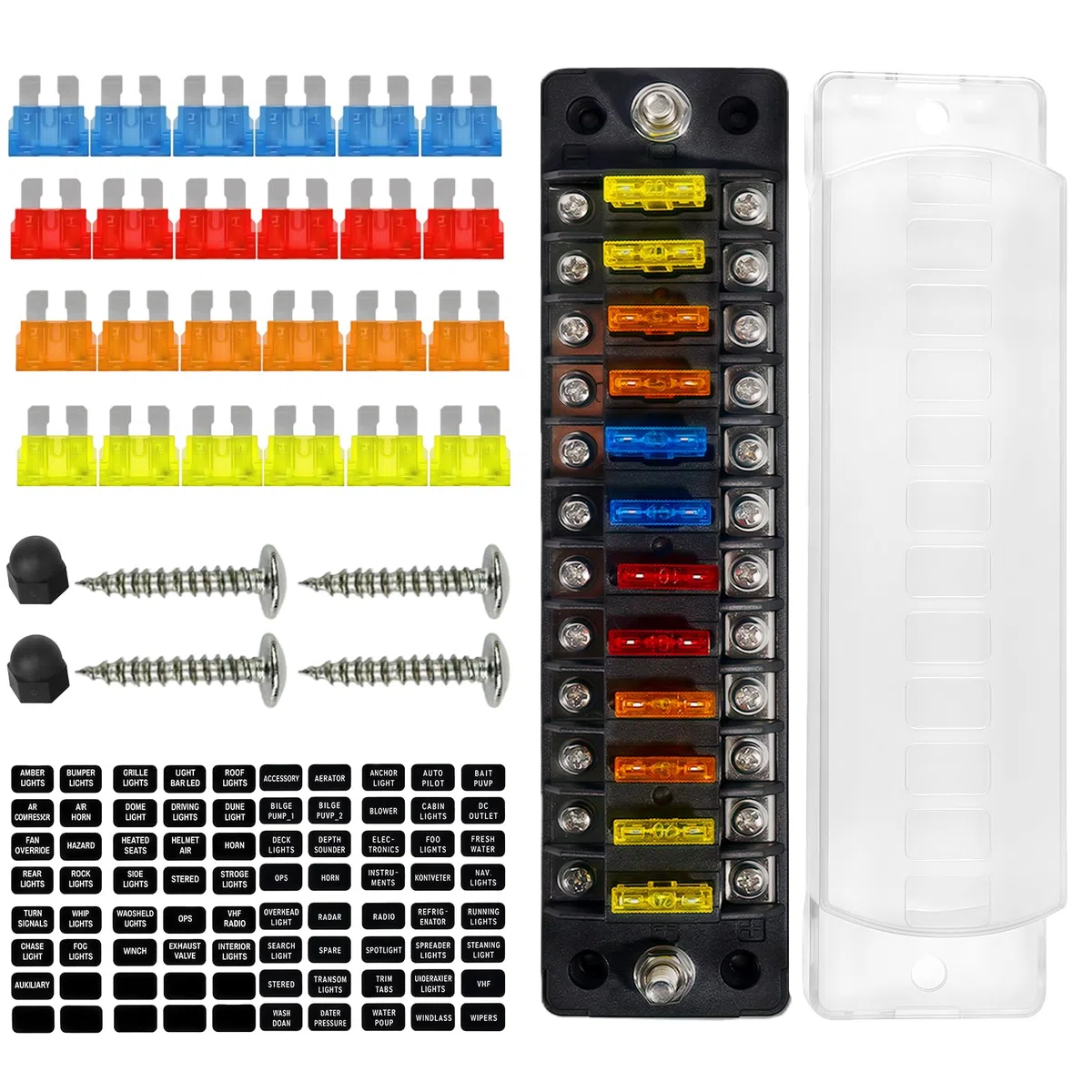 Portafusibili 12V ermetico, 12 vie scatola fusibili ATC/ATO con barra collettrice negativa, senza LED, per auto barca camper roulotte SUV camion – 12 circuiti