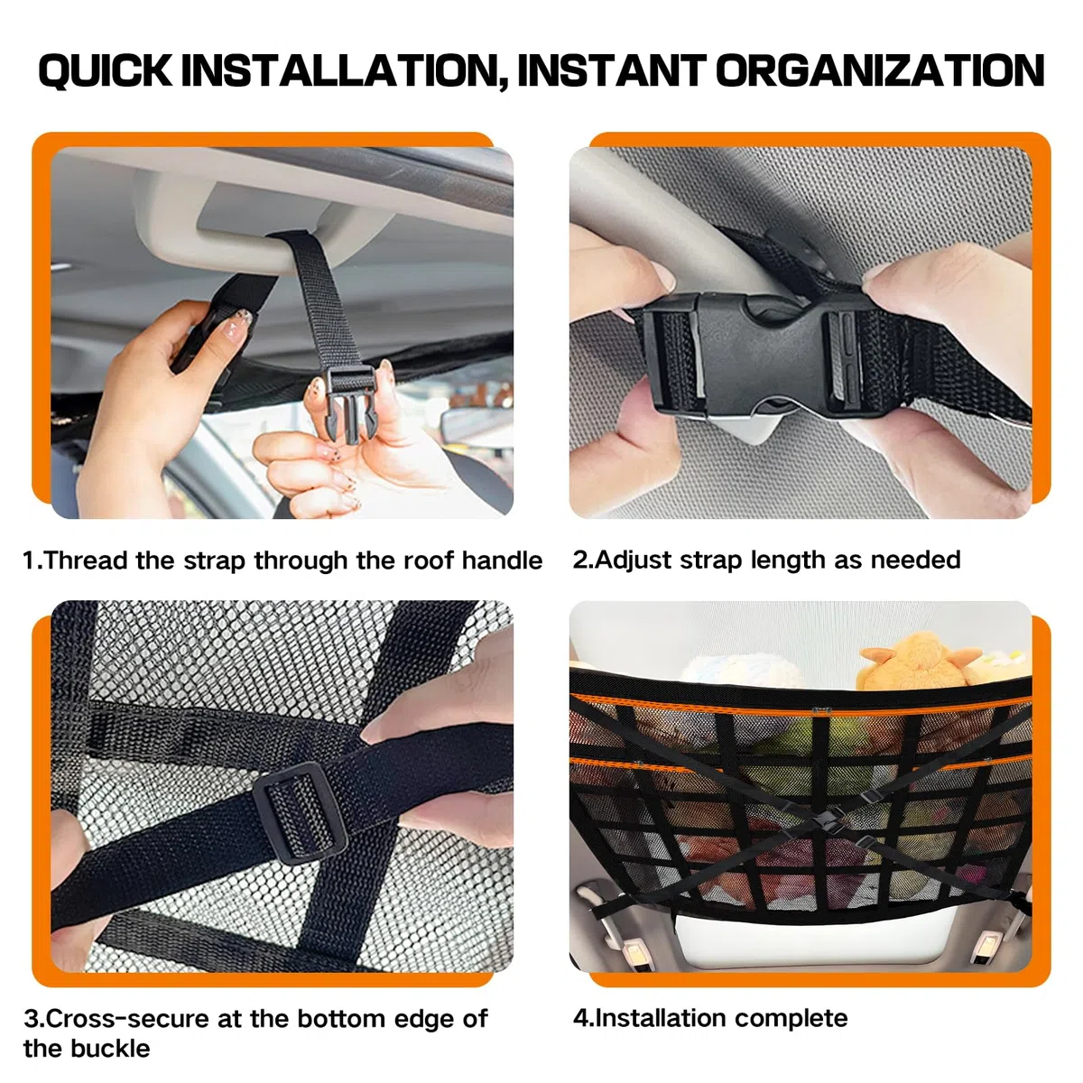 Rete Portaoggetti Auto 90×65cm, Deposito Bagagli Net Soffitto con Cinghie a Croce Regolabili e 3 Tasche con Cerniera, Universale Tetto Interno Borsa Rete Compatibile con SUV, Jeep, Furgoni e Camper