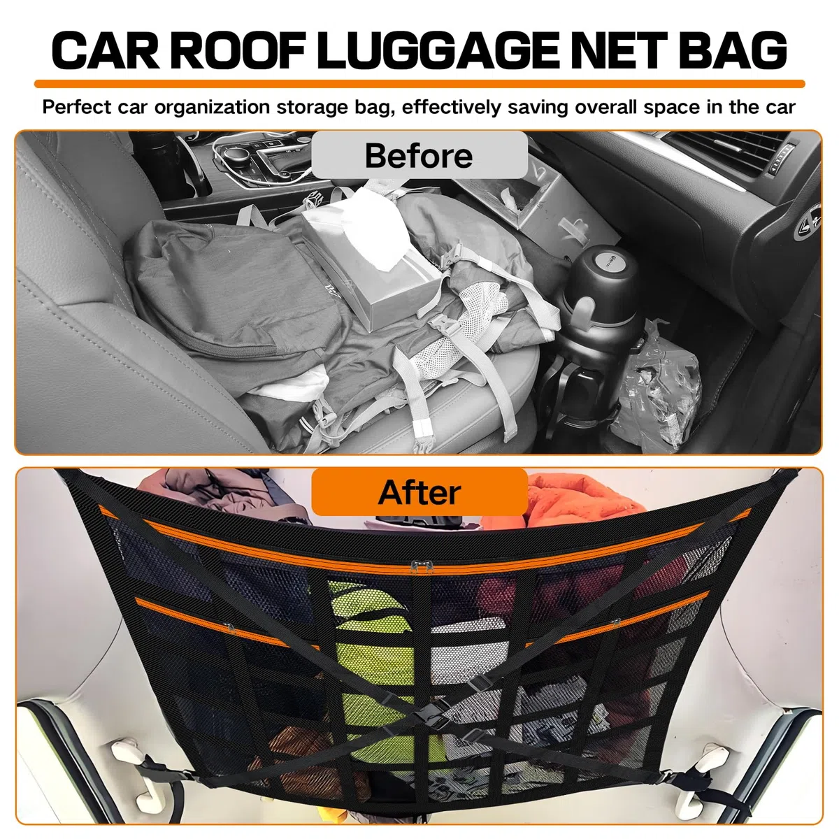 Rete Portaoggetti Auto 90×65cm, Deposito Bagagli Net Soffitto con Cinghie a Croce Regolabili e 3 Tasche con Cerniera, Universale Tetto Interno Borsa Rete Compatibile con SUV, Jeep, Furgoni e Camper