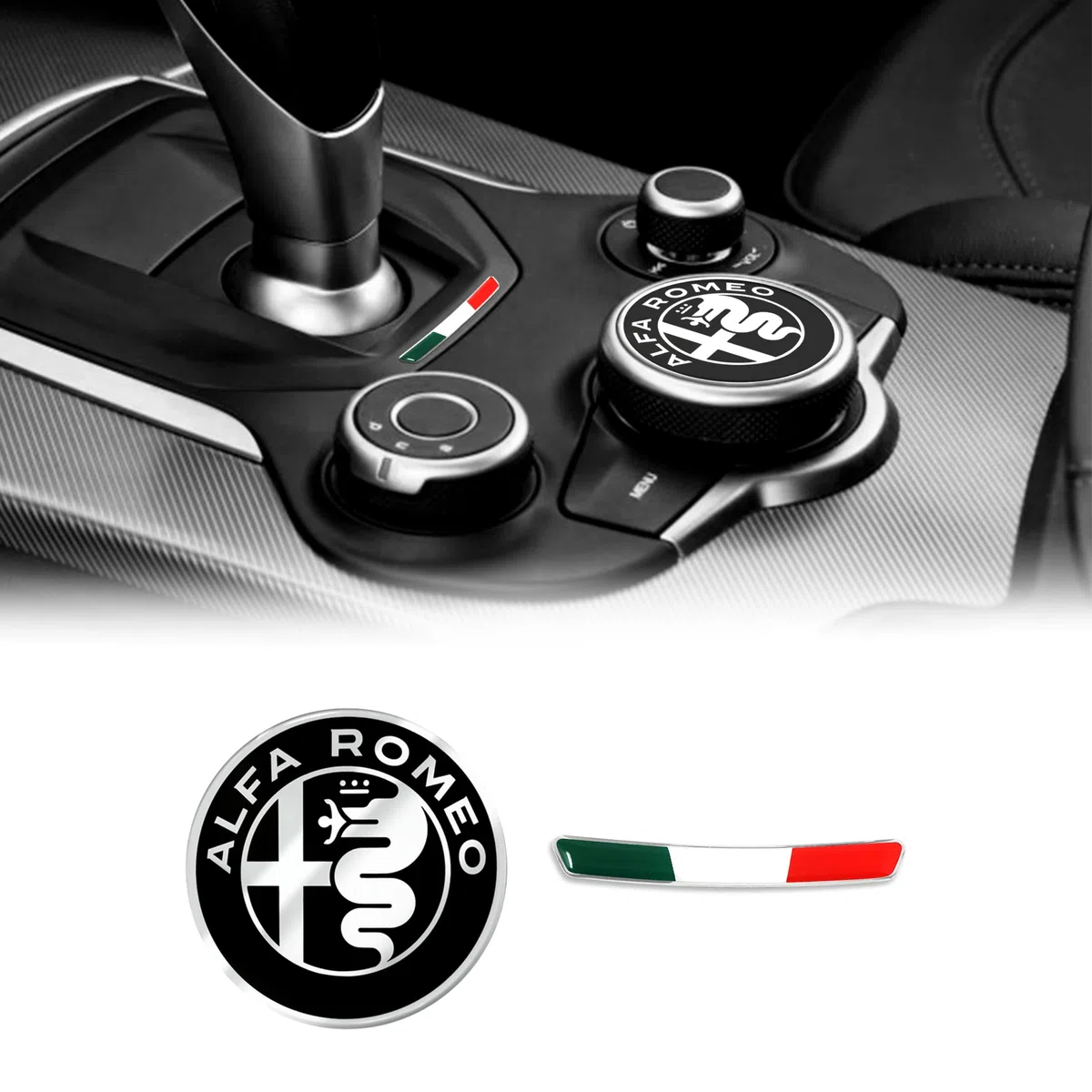 4R Quattroerre.it Kit Adesivo Alfa Romeo Logo 51 mm + Bandiera per Interno Giulia Stelvio