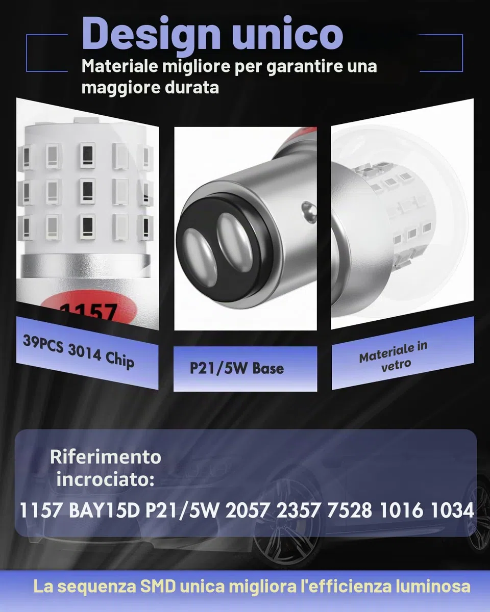 Alopee Lampadina LED P21/5W Rosso - Confezione da 2 Luce di Coda e Freno BAY15D 1157 2057 7528, 39SMD Alta Luminosità 12-15V DC, Ricambio per Lampada Alogena