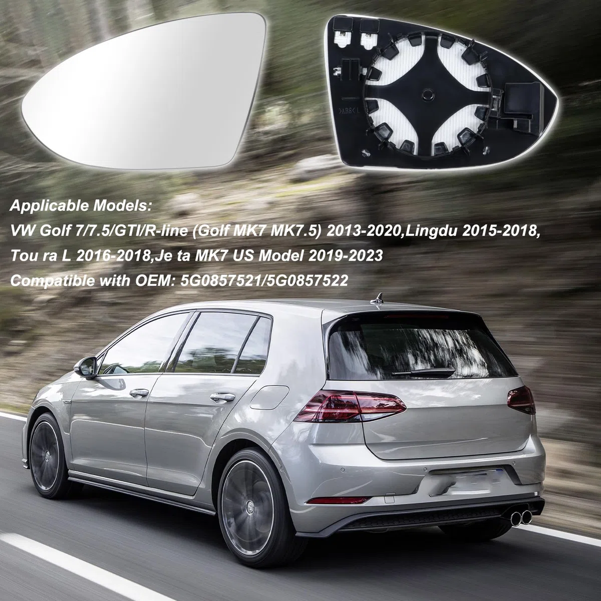 Vetro Specchietto Sinistro Golf 7-Specchietto Laterale Riscaldato Sinistro Golf 7 Asferico, Vetro Specchietto Lato Guida con Piastra di Supporto