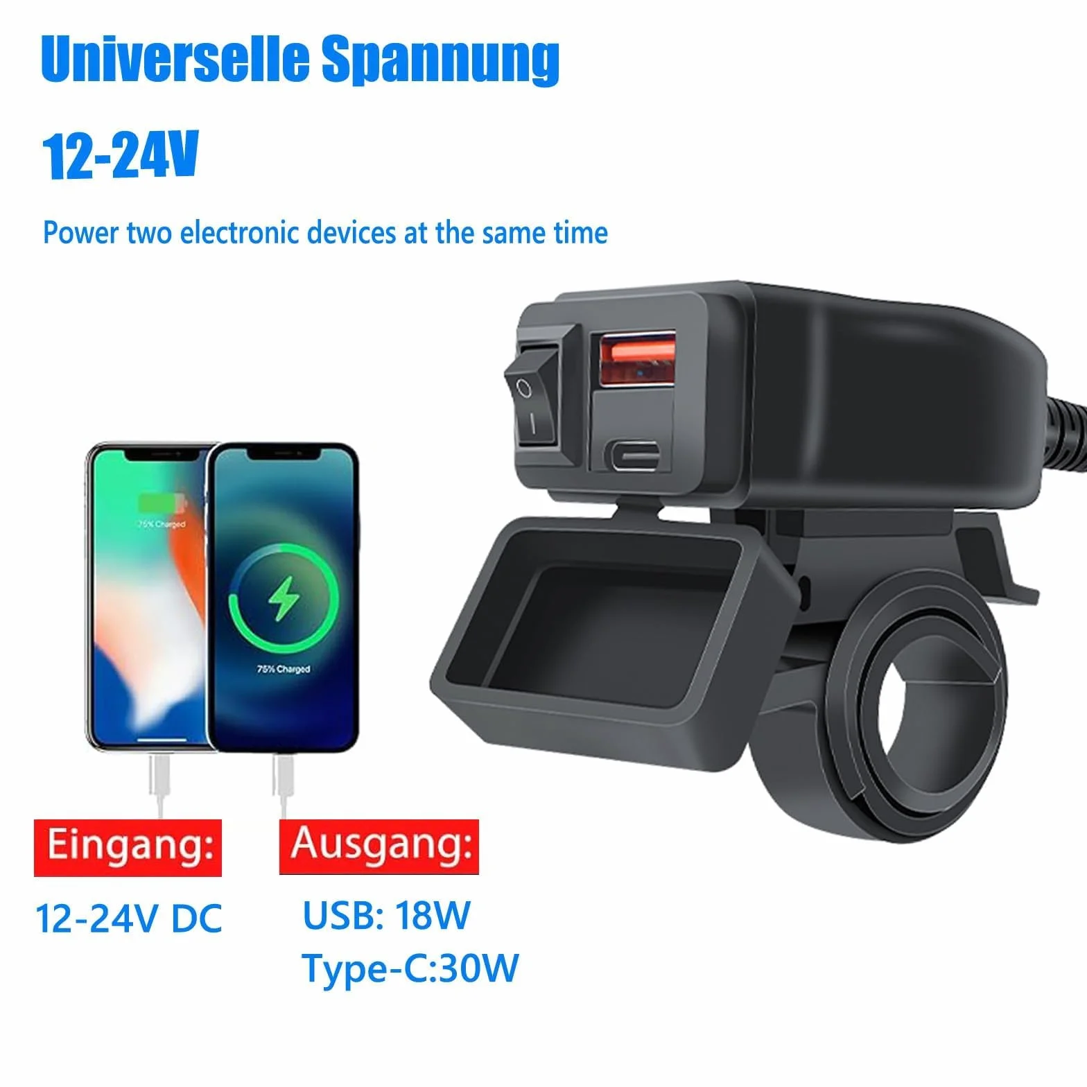 Caricatore USB per Moto 48W, IP65, 2 Porte (QC3.0 18W + PD3.0 30W) con Interruttore & Voltmetro LED, Presa USB-C 12-24V – per Viaggi/Outdoor – Compatibile con Smartphone/GPS/Fotocamera