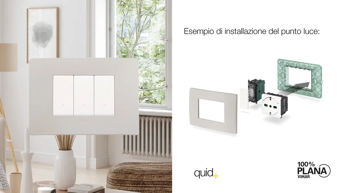 Vimar 14197 Plana Pulsante relè magnetico silenzioso Quid ad impulsi sequenziali ON/OFF, segnalazione luminosa bianco calda per individuazione al buio