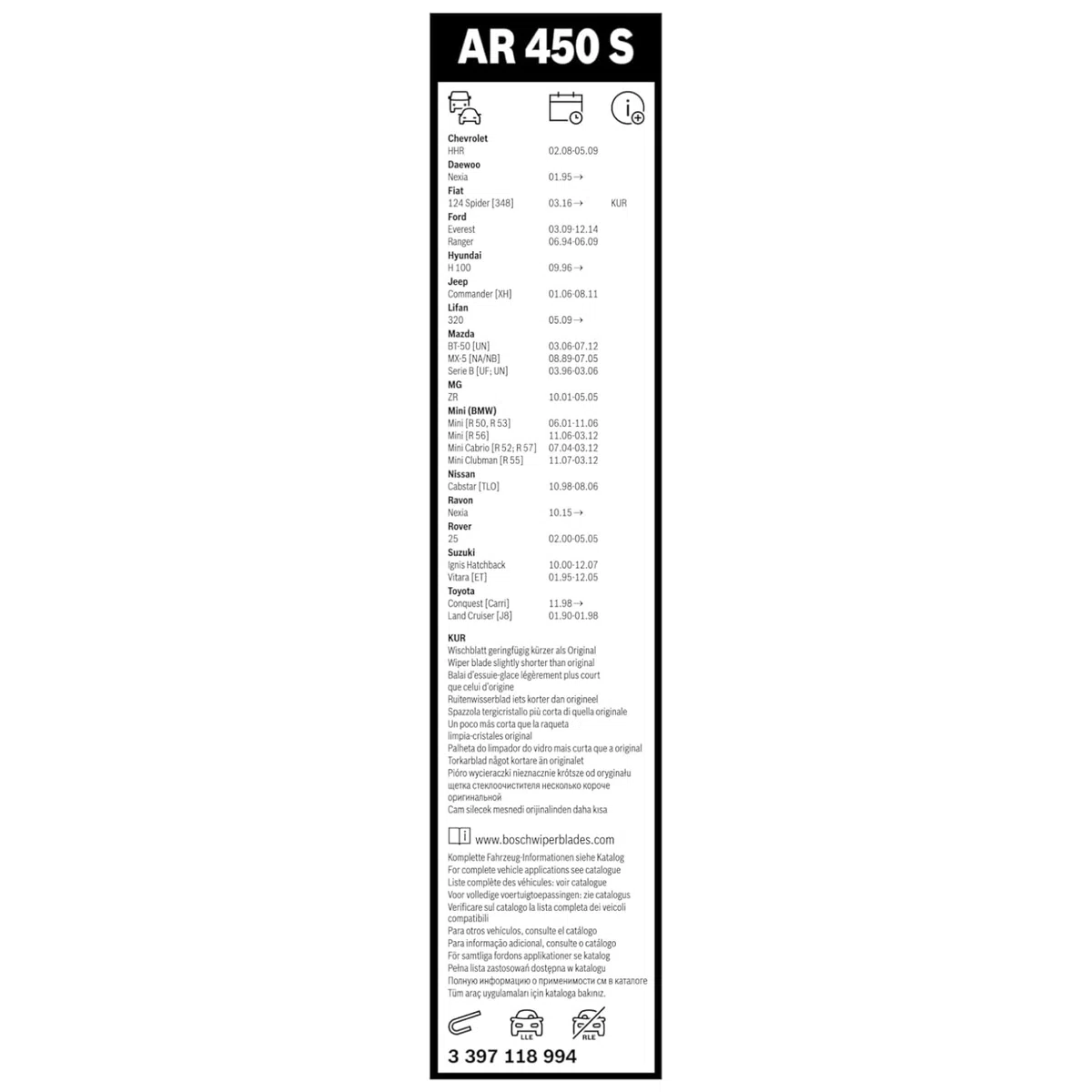 Tergicristalli Bosch Aerotwin AR450S, Lunghezza 450mm/450mm, 1 set per parabrezza anteriore