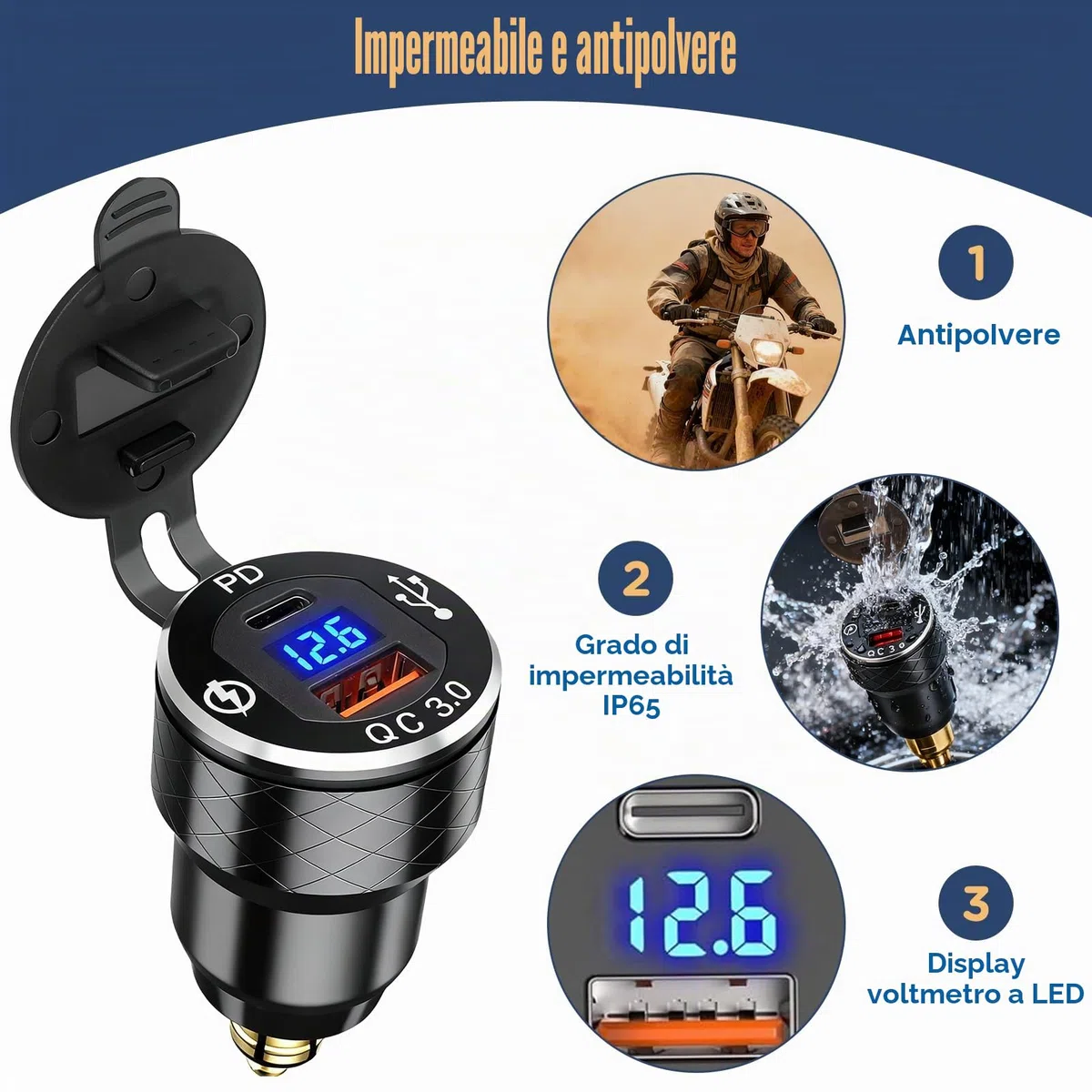 Presa DIN a USB C per Moto BMW, PD3.0 e QC3.0 Spina DIN Hella Socket Plug Waterproof Alluminio Adattatore Accendisigari con LED Voltmeter per 12V/24V Ducati Triumph Altre Motorcycles in Stile Europeo