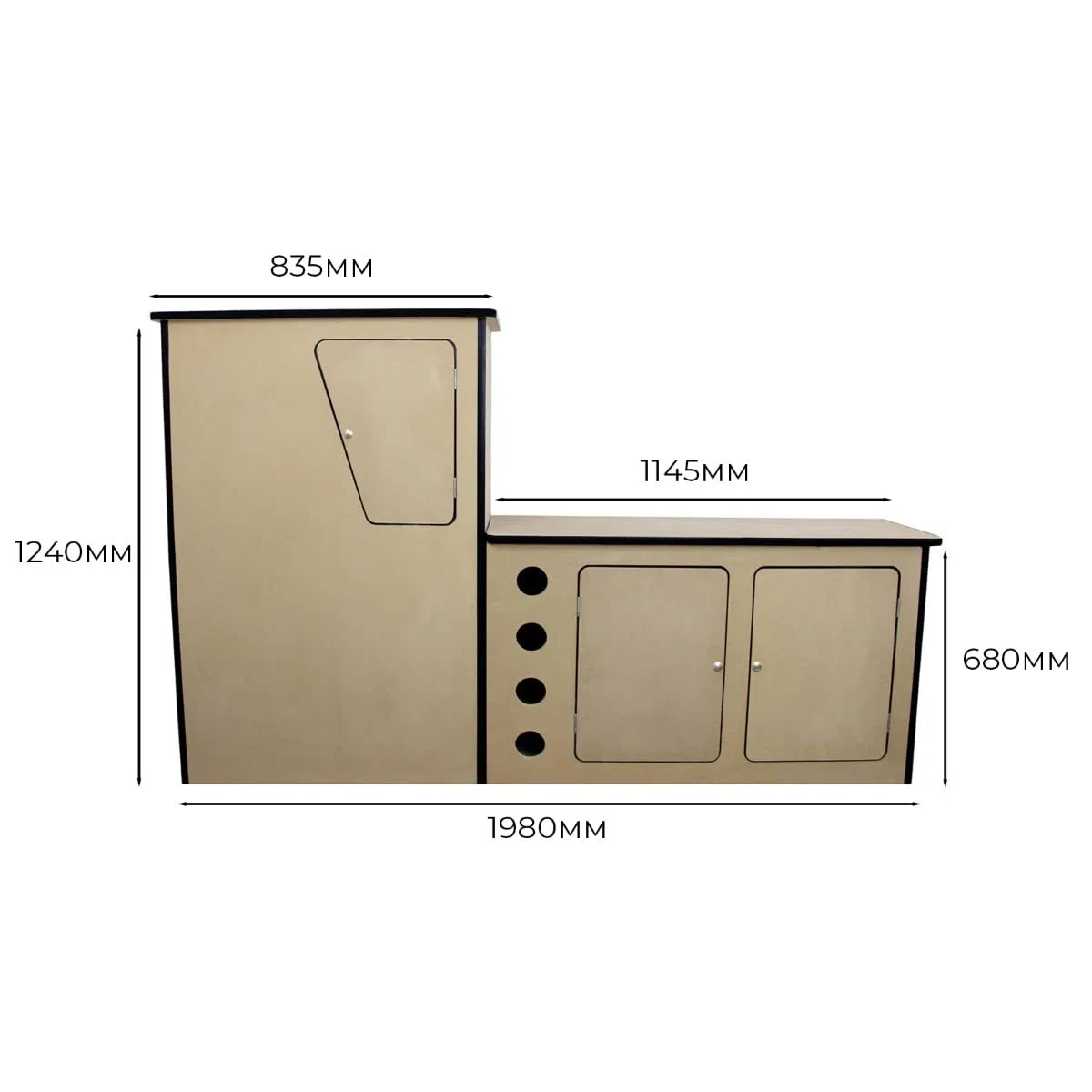 Cucina per camper Cucina da campeggio in MDF Interni Legno compensato Spessore: 18 mm 3 Armadi Spazio di stoccaggio Sinistra Controllo UE Incluso Portabottiglie Portabottiglie 4 Bottiglie Facile