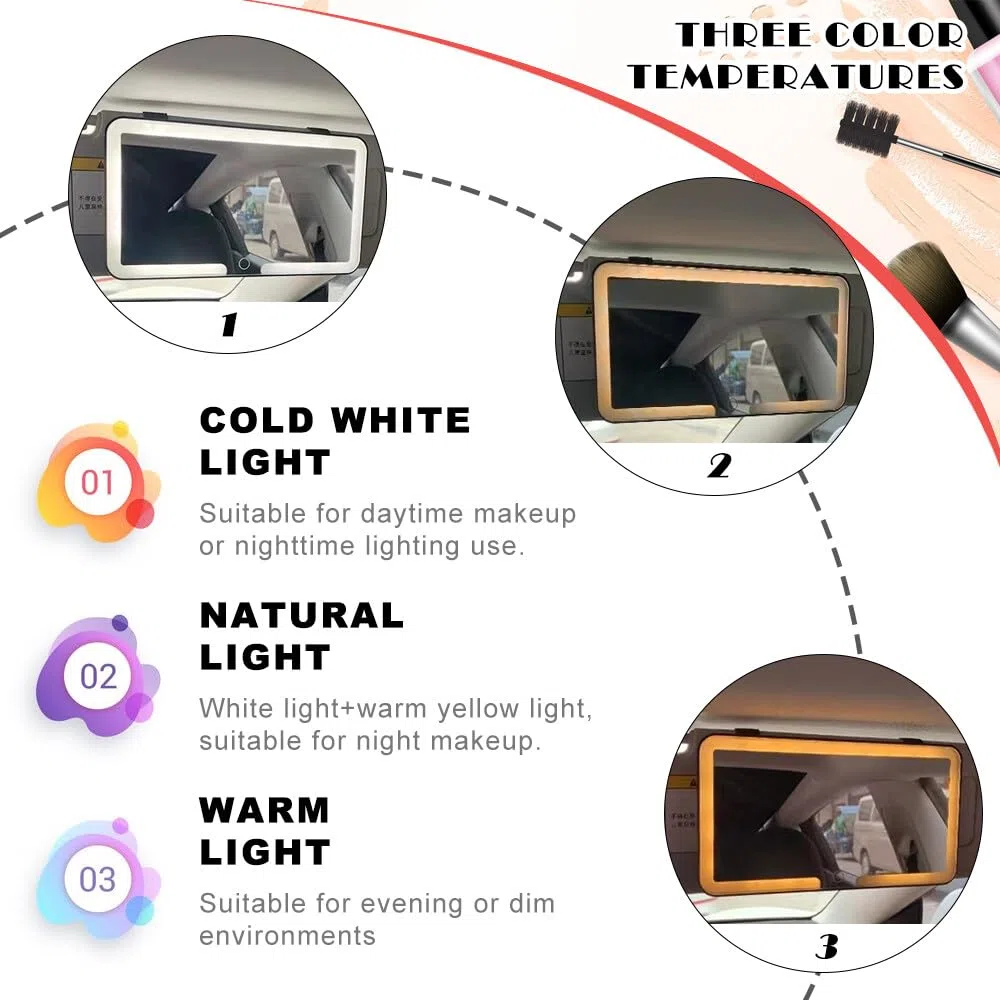 Specchio Cosmetico Auto Ricaricabile con LED (Modalità 3 Luci), 23,5 * 12,7cm Specchietto per Visiera Semplice Pratico