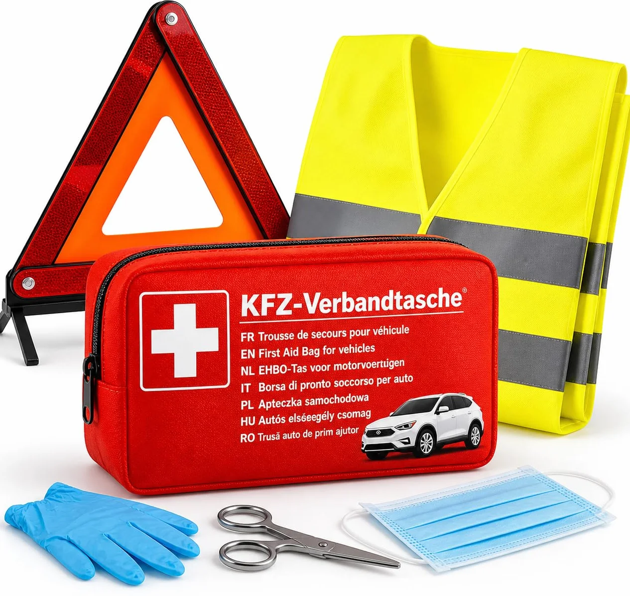 Kit di Pronto Soccorso per Auto 3 in 1, Testato nel 2026 e Accessori - con Giubbotto di Sicurezza e Triangolo di Emergenza per StVO