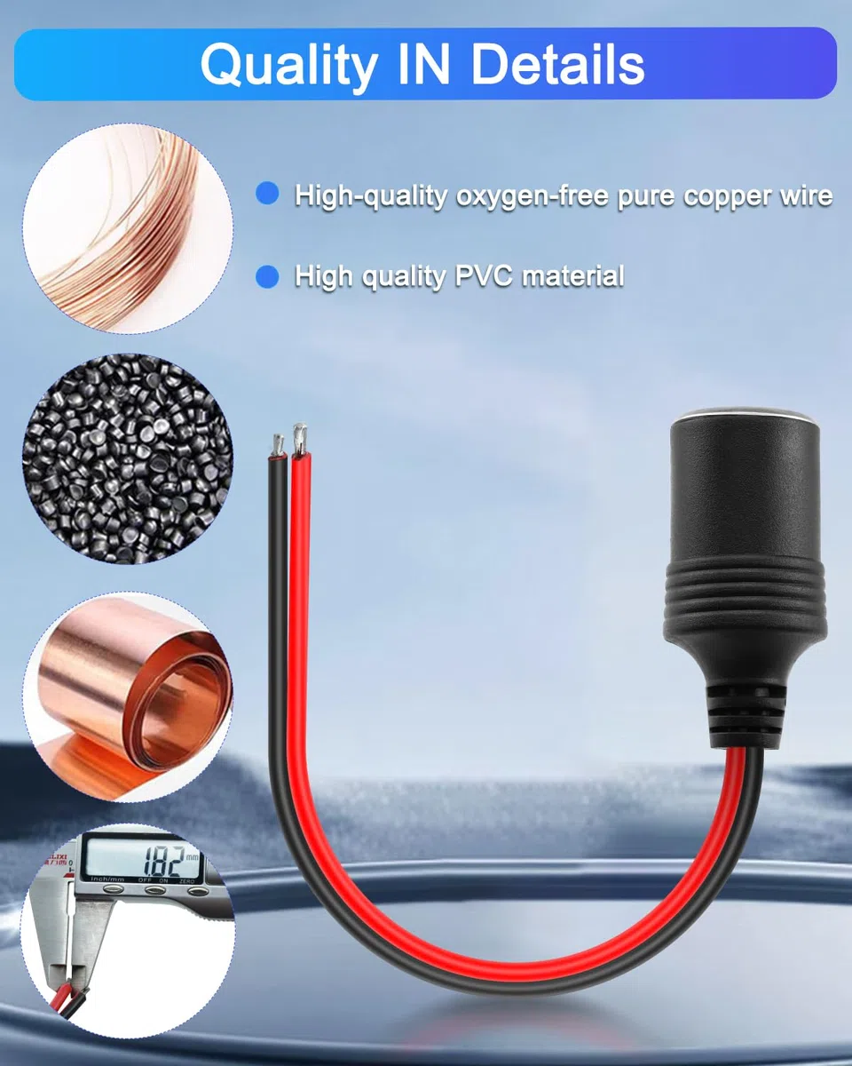 3 prese femmina per accendisigari da 14 AWG con cavo placcato in stagno, 12 V 24 V, cavo di alimentazione universale per riparazione e sostituzione dell'accendisigari dell'auto, 30 cm