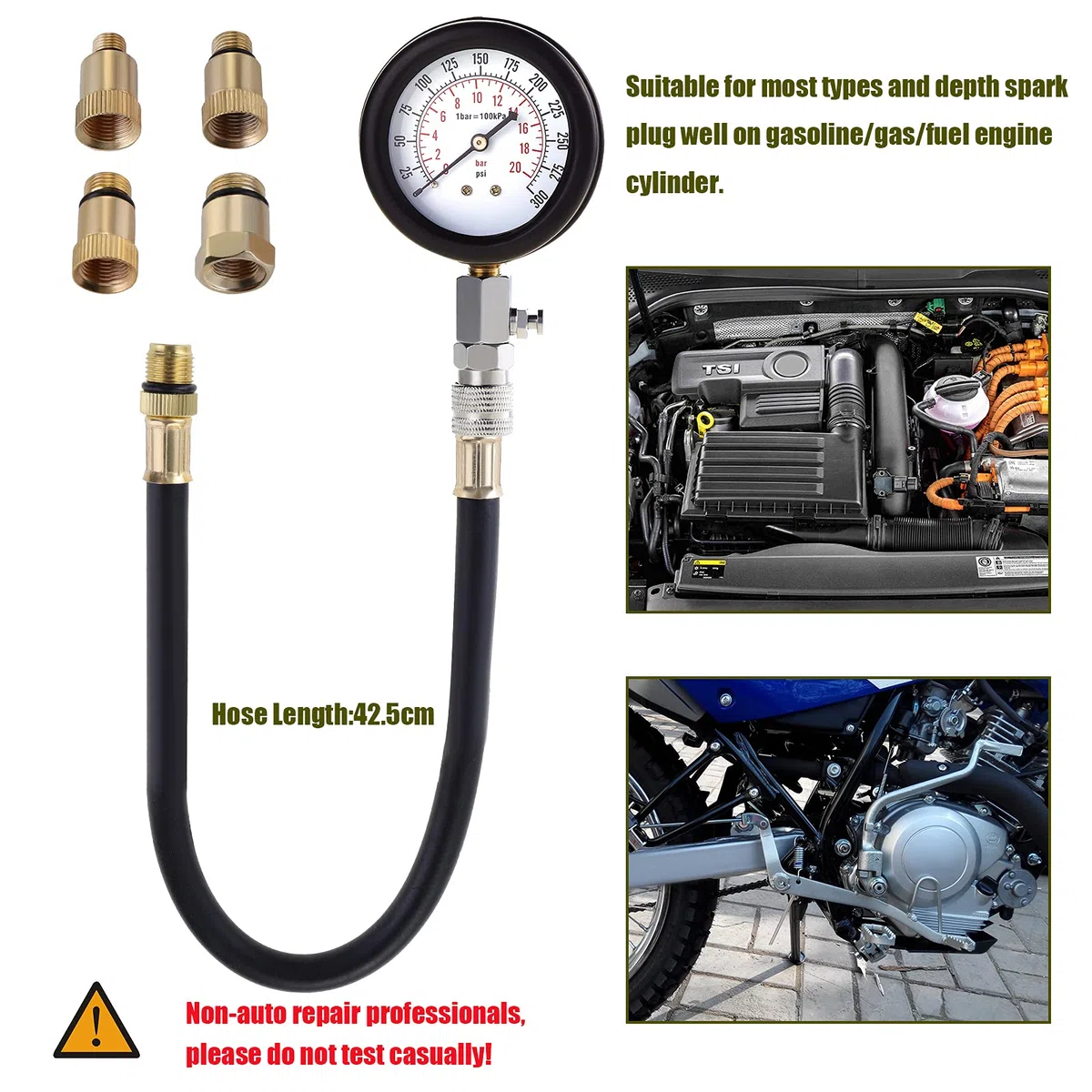 Tester di Compressione, Motori Manometri Compressione, Benzina Motore a Gas Cilindro Compressione Tester Kit con Custodia in Plastica