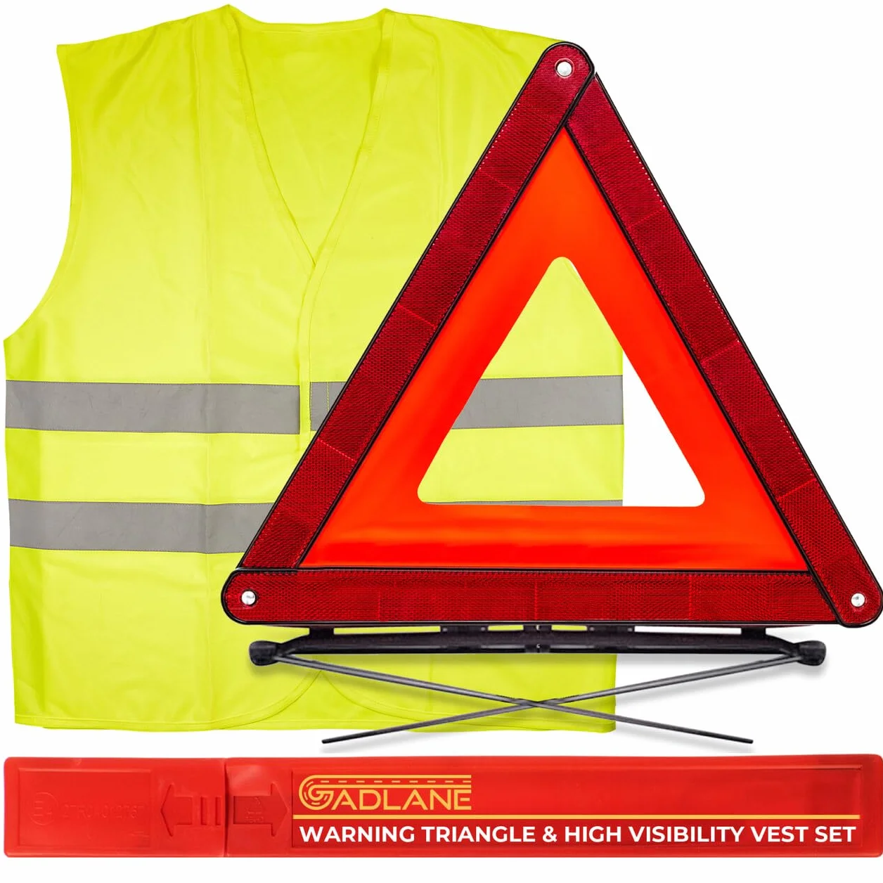 GADLANE Triangolo Auto Omologato ECE & Gilet Catarifrangente Riflessivo Pieghevole con Custodia Sicurezza Stradale Avvertimento