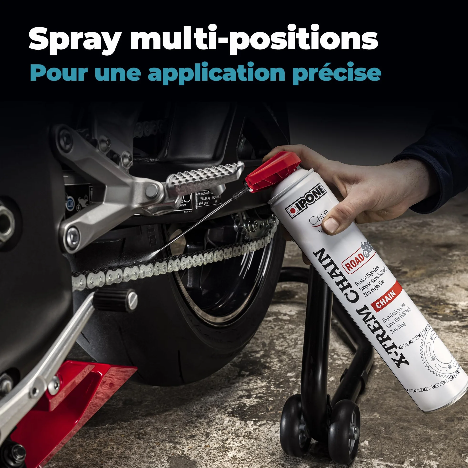 IPONE - Grasso per Catene Moto su Strada X-trem - Bottiglia Spray con Diffusore Multiposizione da 500 ml - 800 km di Durata - Getto preciso, Senza Schizzi