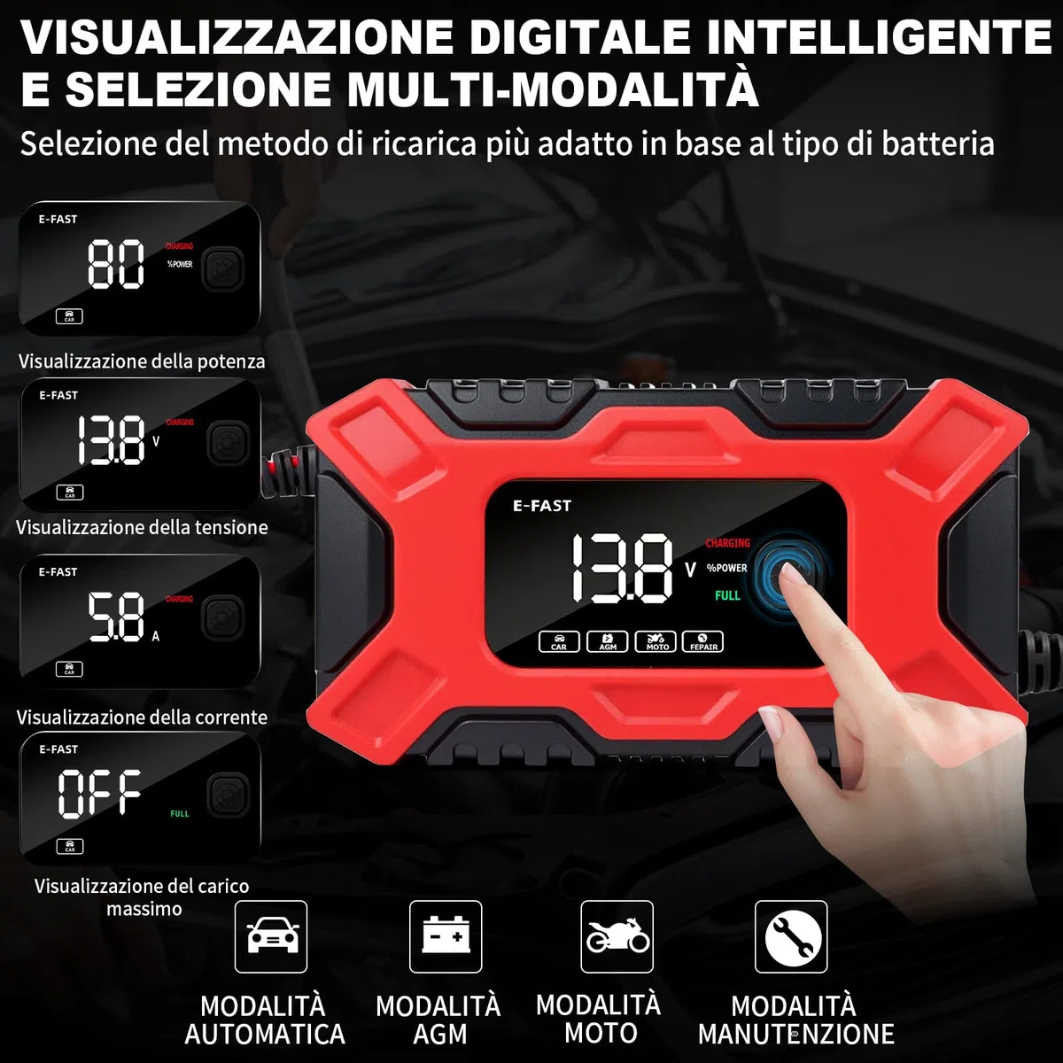 Carica Batteria per Auto, Caricabatterie Auto 12V 6A, Automatico Caricabatterie per Moto con Schermo LCD, Carica Batteria Portatile con Multi Protezioni e Manutenzione per Auto Moto Camion AGM Gel