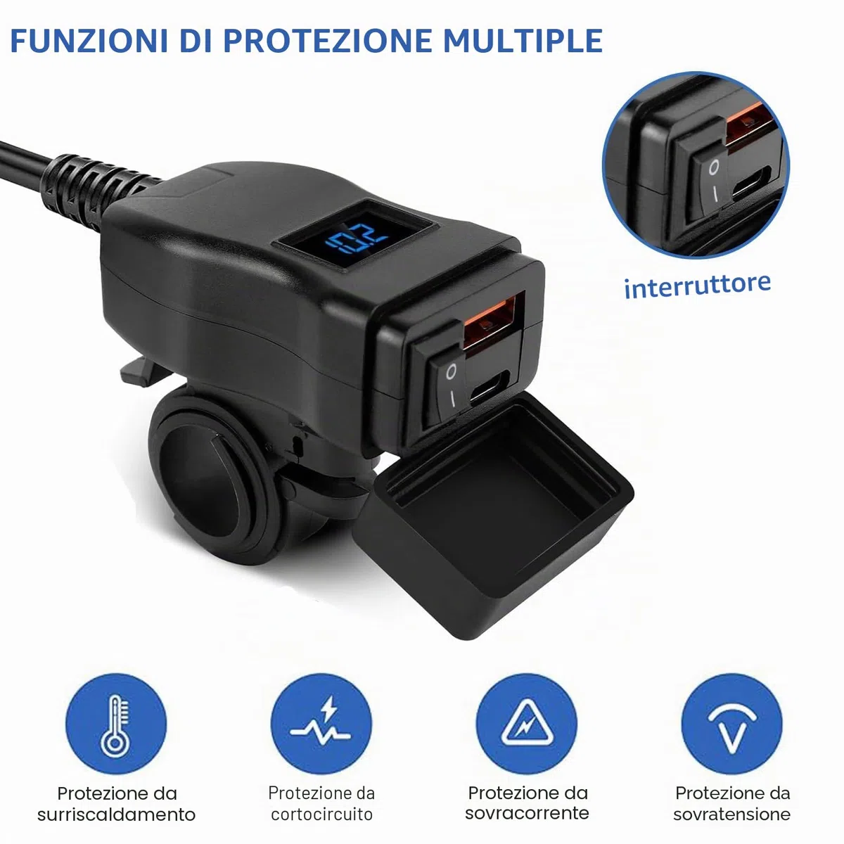 Caricatore USB per Moto 48W, IP65, 2 Porte (QC3.0 18W + PD3.0 30W) con Interruttore & Voltmetro LED, Presa USB-C 12-24V – per Viaggi/Outdoor – Compatibile con Smartphone/GPS/Fotocamera