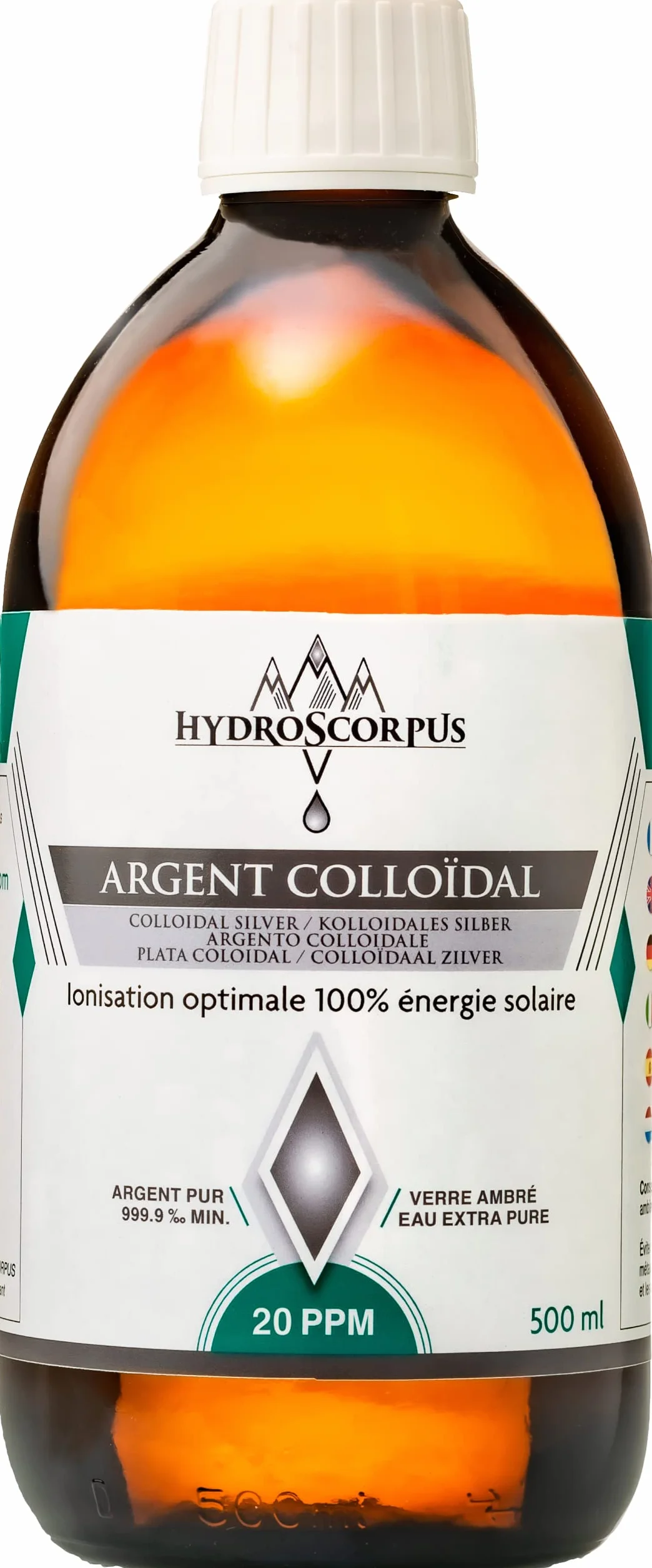 Argento Colloidale 20PPM 500ml Bottiglia di VETRO Ionizzazione 100% solare Oligoelemento organico 100% Naturale