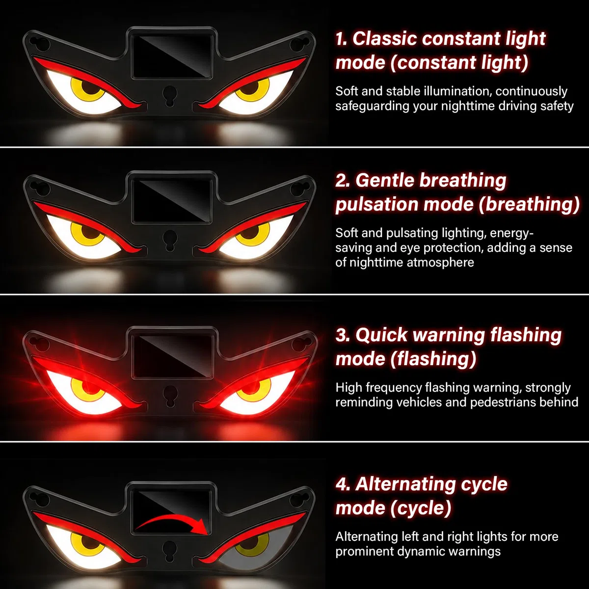 2 Pezzi Solar Demon Eye LED per Auto, LED Dinamici con 5 Modalità | Luci Occhi Demonio;Luce Finestra Auto a Energia Solare;Impermeabile Decorazione Parabrezza per SUV Camion Tuning