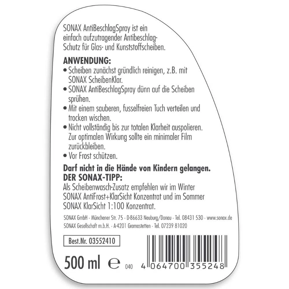 SONAX 03552410 Spray antiappannamento, protezione antiappannamento per tutti i vetri in plastica per una visione completa, 500 ml