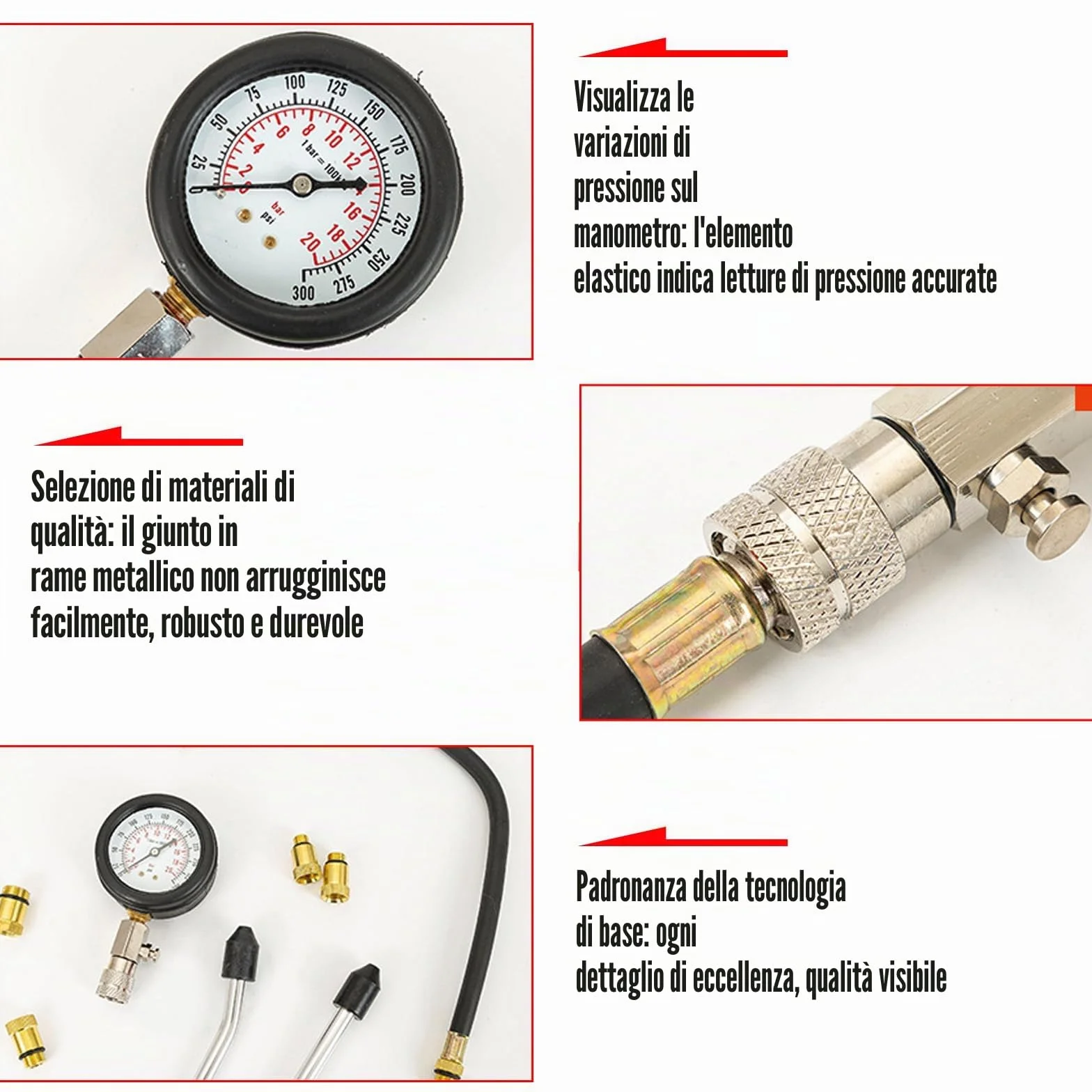 Kit Tester di Compressione per Auto: Set di 4 Adattatori e Valigia, Misuratore di Compressione Motore a Benzina 0-20 Bar o 0-300 PSI, per Camion, Moto