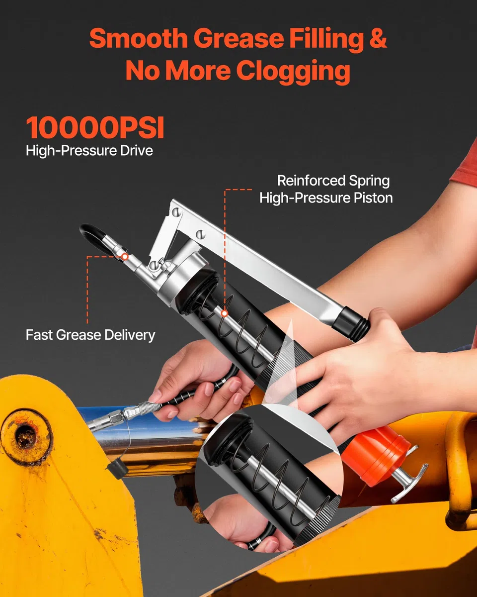 VEVOR Pistola per Grasso Manuale 10000 PSI ad Alta Pressione, Kit Pistola per Grasso Ingrassatore Manuale con Tubo Flessibile da 46 cm, 1 Tubo Rigido di Prolunga e 1 Ugello, Auto, Nautica