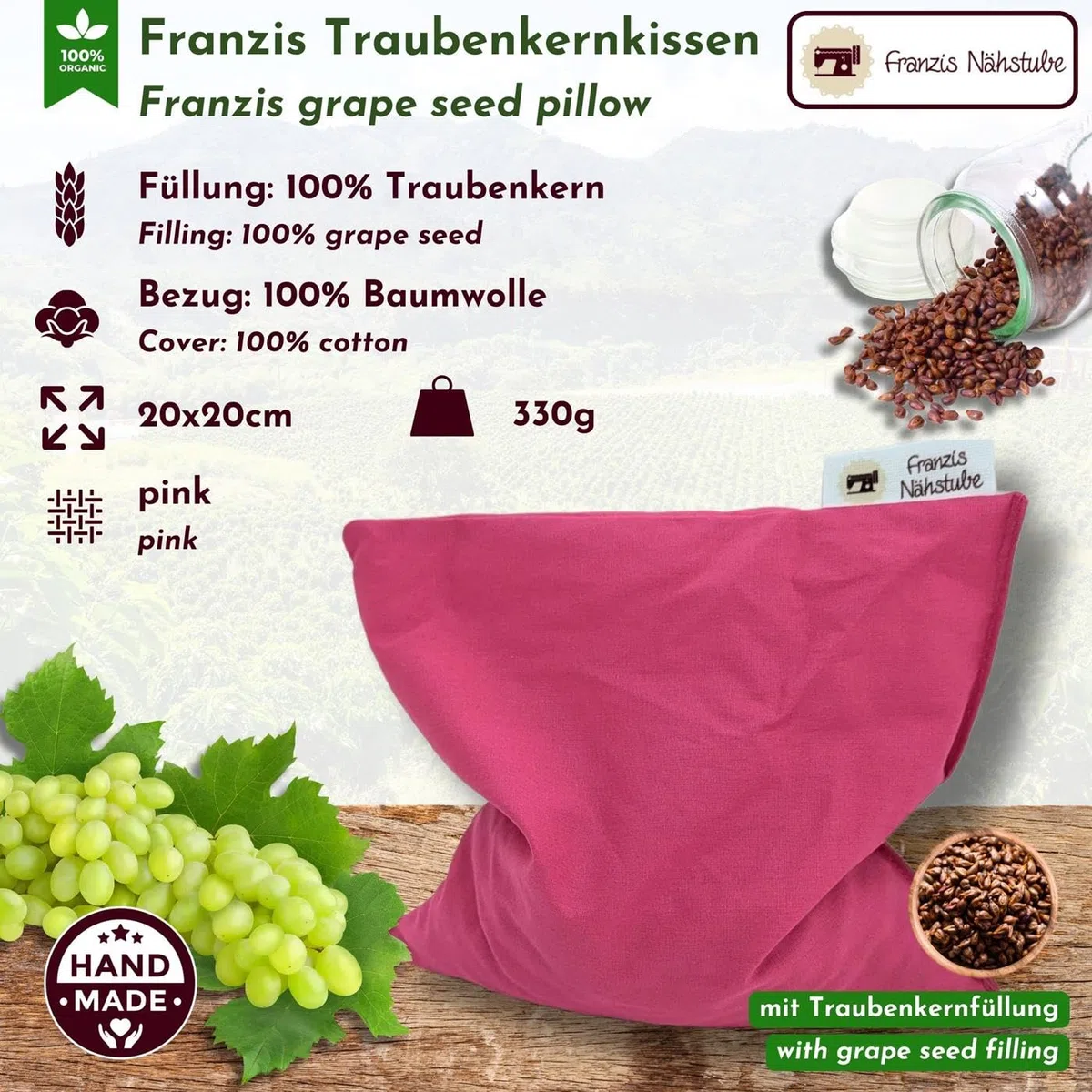 Franzis Nähstube Cuscino termico con semi d'uva, 20 x 20 cm, colore rosa, in 100% cotone, con semi d'uva, 20 x 20 cm, per forno a microonde, cuscino termico