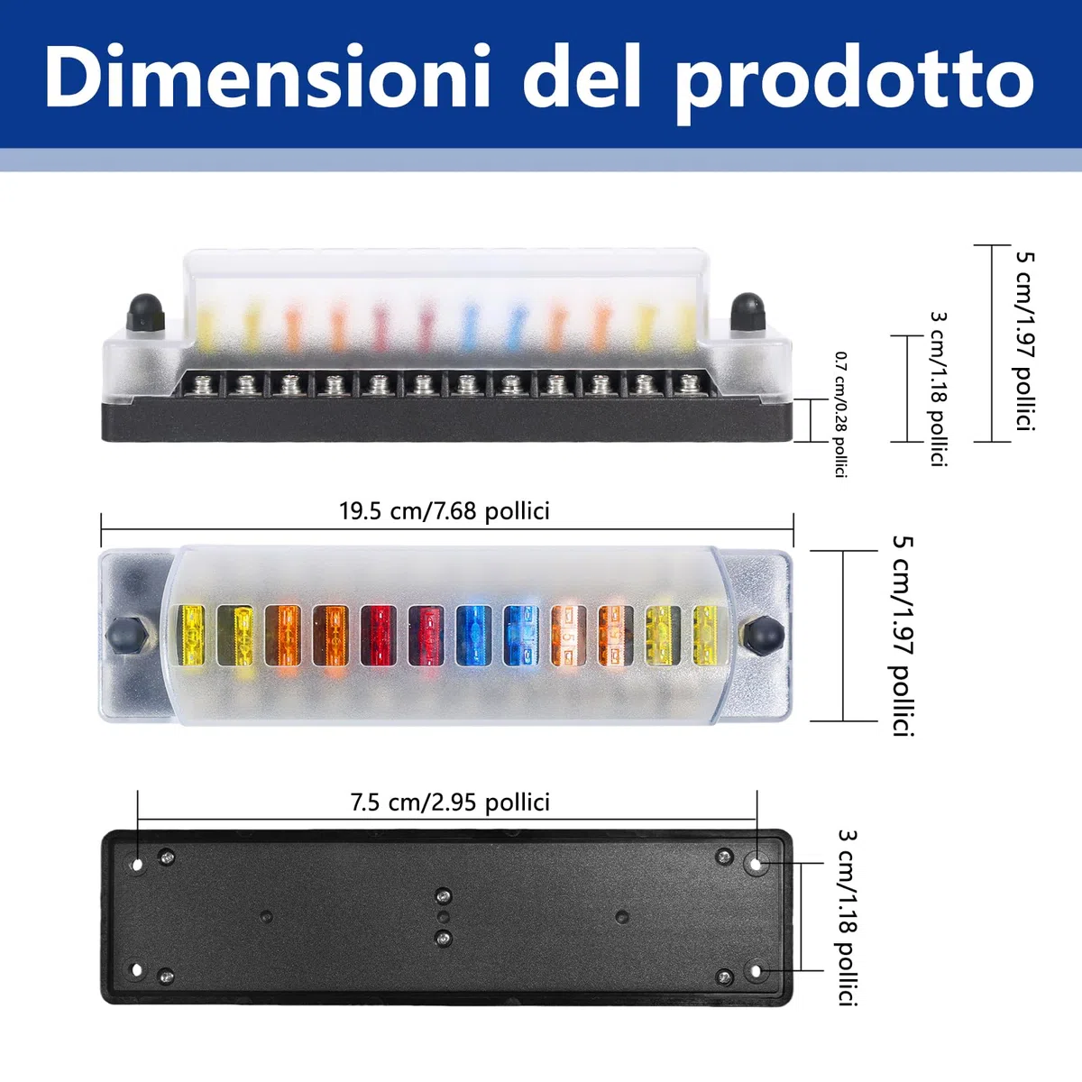 Portafusibili 12V ermetico, 12 vie scatola fusibili ATC/ATO con barra collettrice negativa, senza LED, per auto barca camper roulotte SUV camion – 12 circuiti