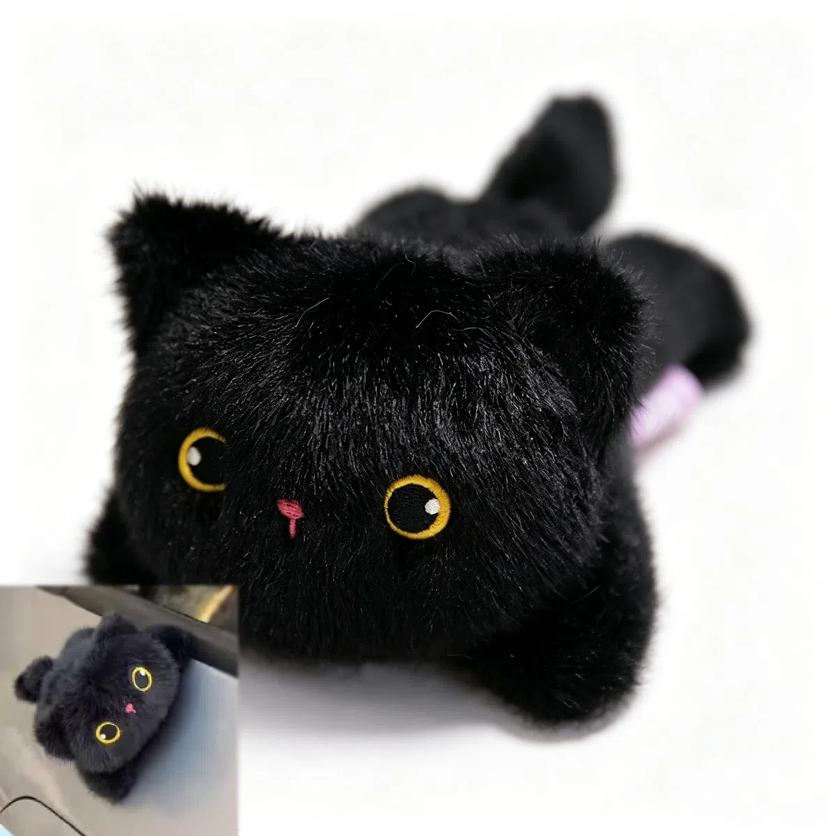Decorazione magnetica per auto con gatti in peluche, ornamento per animali di peluche Kawaii da 14 cm per l'esterno dell'auto, decorazione magnetica carina per il frigorifero (Black Cat)