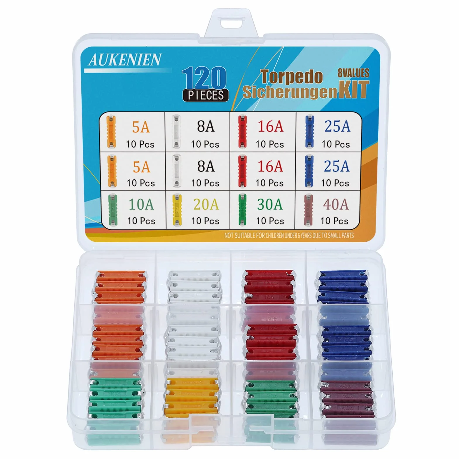 AUKENIEN 8 Valori 120 pezzi Fusibili a Siluro Trattore Ceramica Assortiti 5A 8A 10A 16A 20A 25A 30A 40A Fusibili Torpedo per Siluri Trattore 5 8 10 16 20 25 30 40 Ampere Fusibile Continental Set