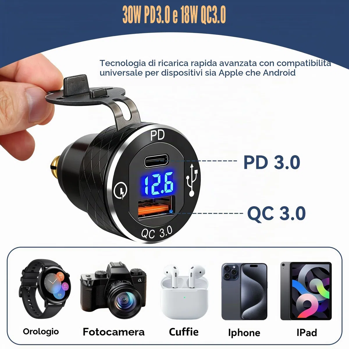 Presa DIN a USB C per Moto BMW, PD3.0 e QC3.0 Spina DIN Hella Socket Plug Waterproof Alluminio Adattatore Accendisigari con LED Voltmeter per 12V/24V Ducati Triumph Altre Motorcycles in Stile Europeo