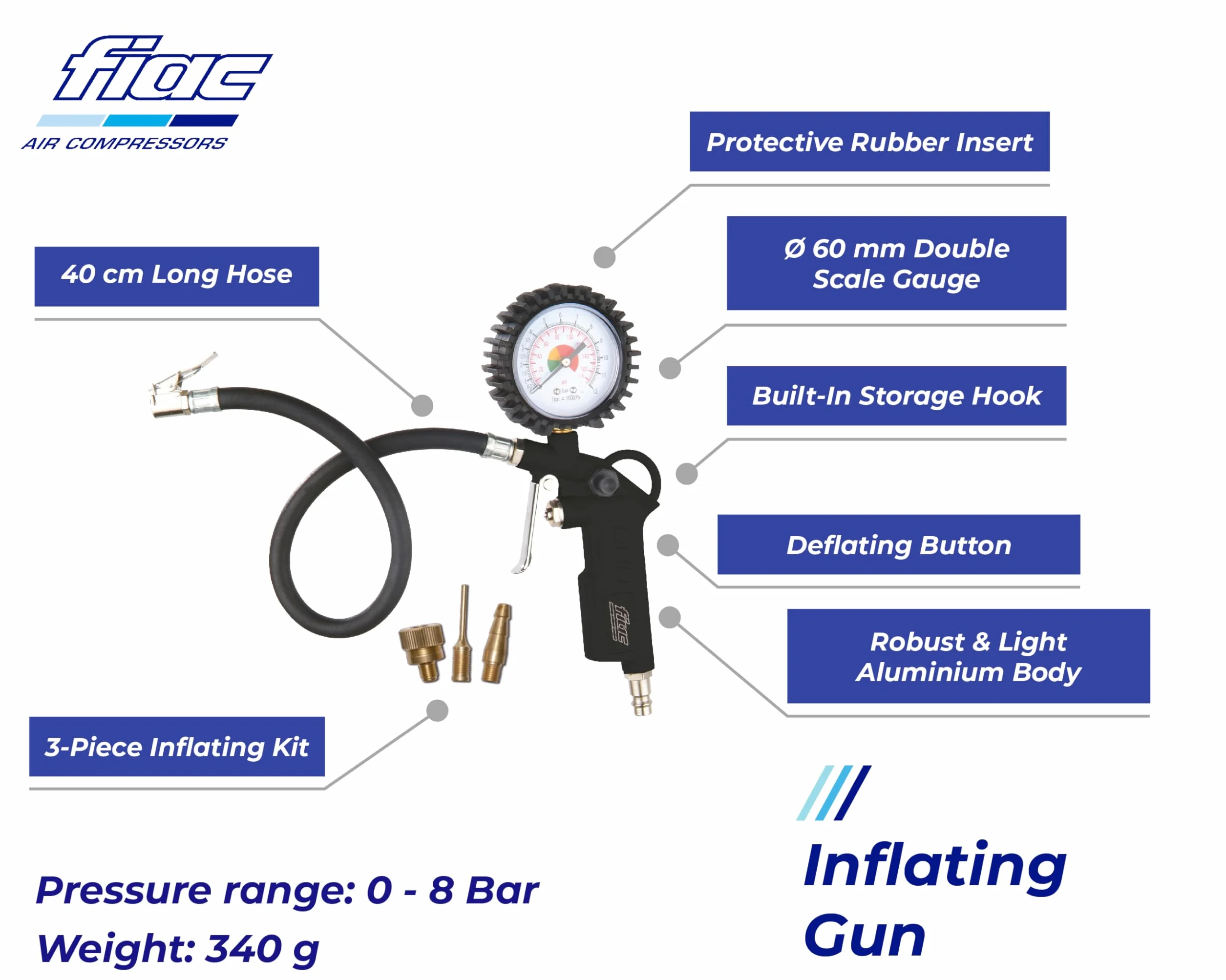 FIAC Pistola Gonfiaggio Pneumatici per Compressore, Inclusi Gonfiagomme con Manometro e 3 Punte di Gonfiaggio, Gonfiagomme con Design Compatto, Pressione Max. 8 Bar, Nero