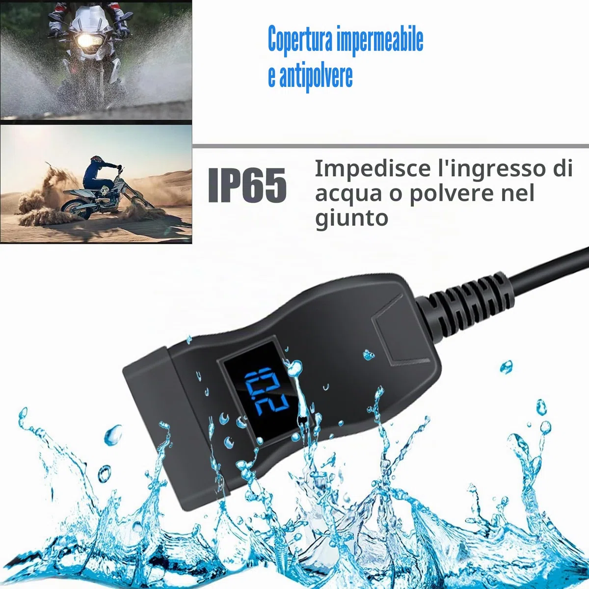 Caricatore USB per Moto 48W, IP65, 2 Porte (QC3.0 18W + PD3.0 30W) con Interruttore & Voltmetro LED, Presa USB-C 12-24V – per Viaggi/Outdoor – Compatibile con Smartphone/GPS/Fotocamera