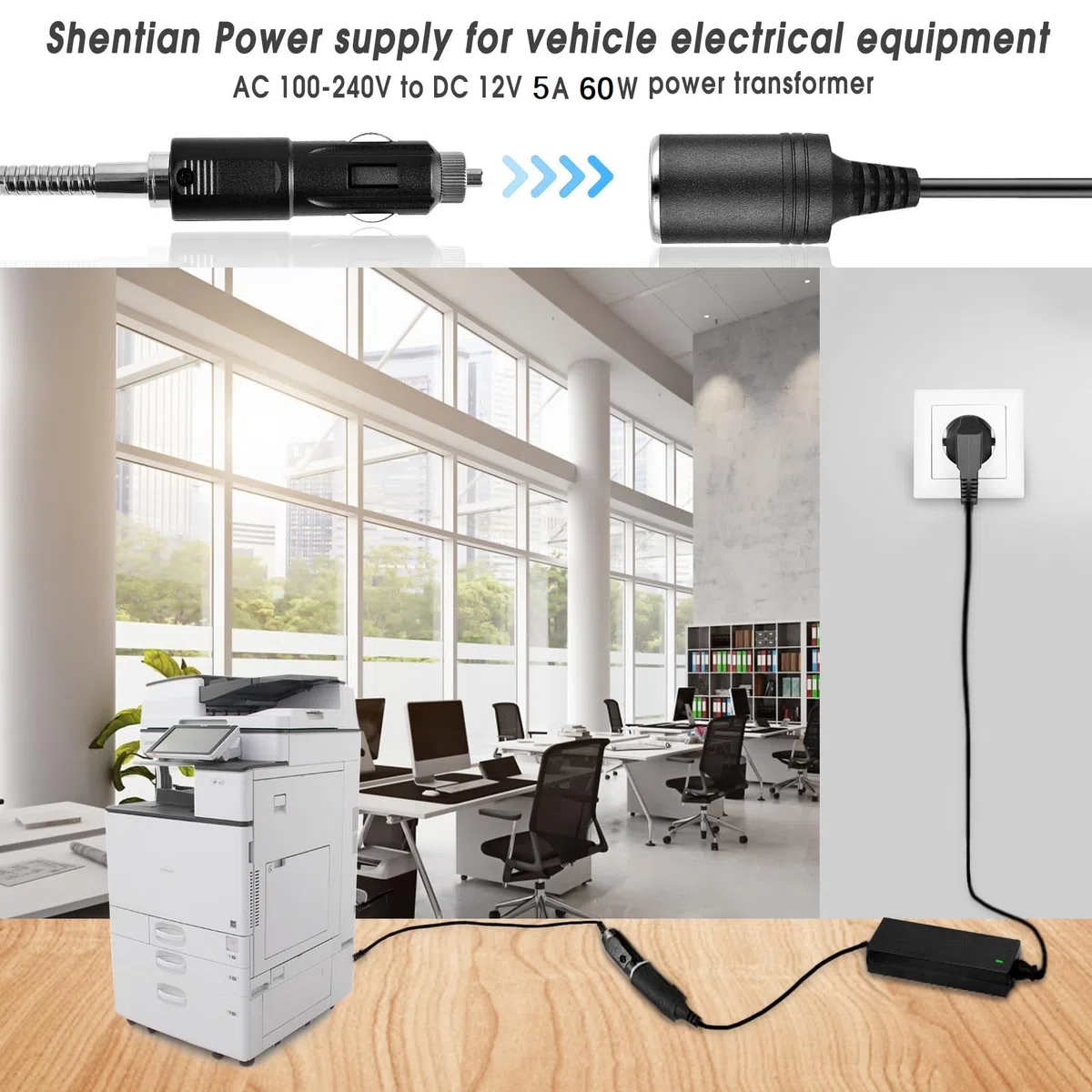 Shentian presa Accendisigari per Auto Adattatore da AC a DC da 100V-240V a 12V 5A Alimentatore per Caricabatteria da Auto Universale