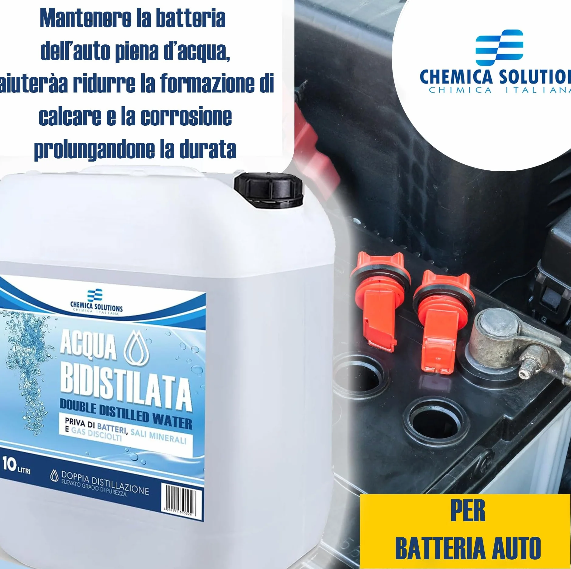 CHEMICA SOLUTIONS Acqua Bidistillata Pura per Uso Industriale e clinico tanica da 10 Litri, Distillata Due Volte, Demineralizzata, per Ferri da Stiro, umidificatori, batterie e Altro Made in Italy