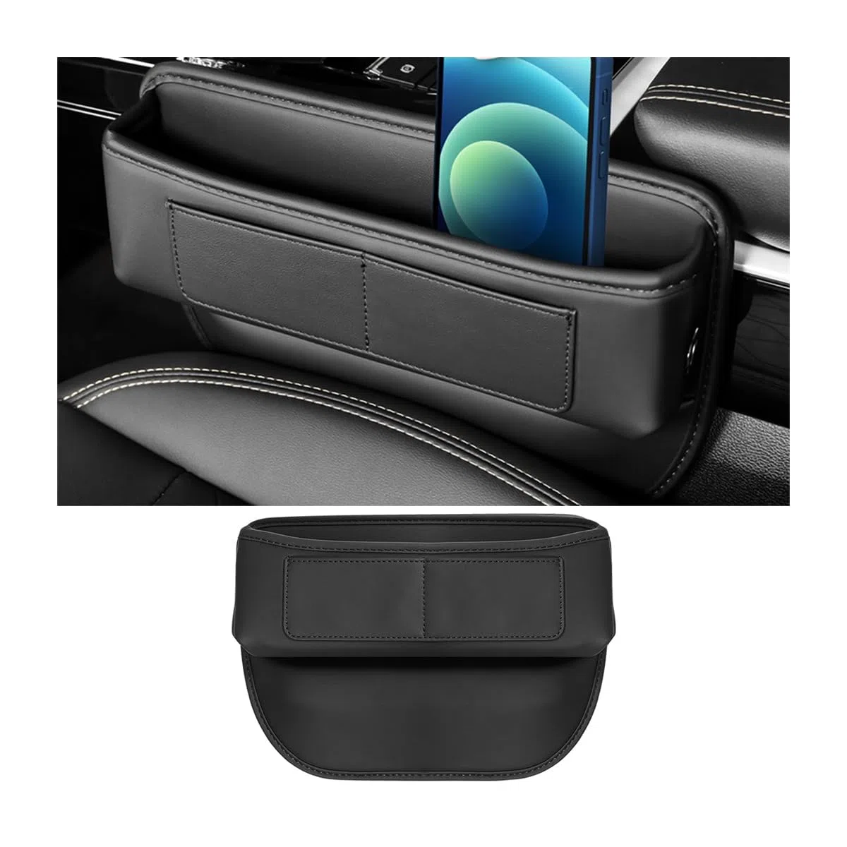 JNNJ Scatola Portaoggetti per Auto, Tasca a Fessura Del Sedile con Organizer in Pelle per Lo Stoccaggio, Riporre Cellulari Laterali (Nero)