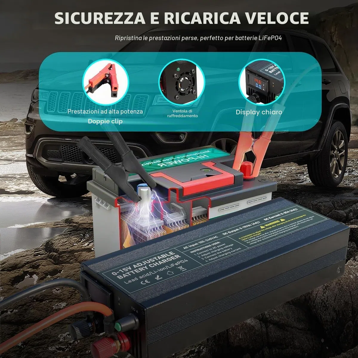 Caricabatterie LiFePO4 14.6V 100A con Cavo Sostituibile, Caricabatterie Litio 0-15V/0-100A con Regolazione di Precisione della Tensione a Multigiri Per Auto, Camion, Moto, Tosaerba, Barca